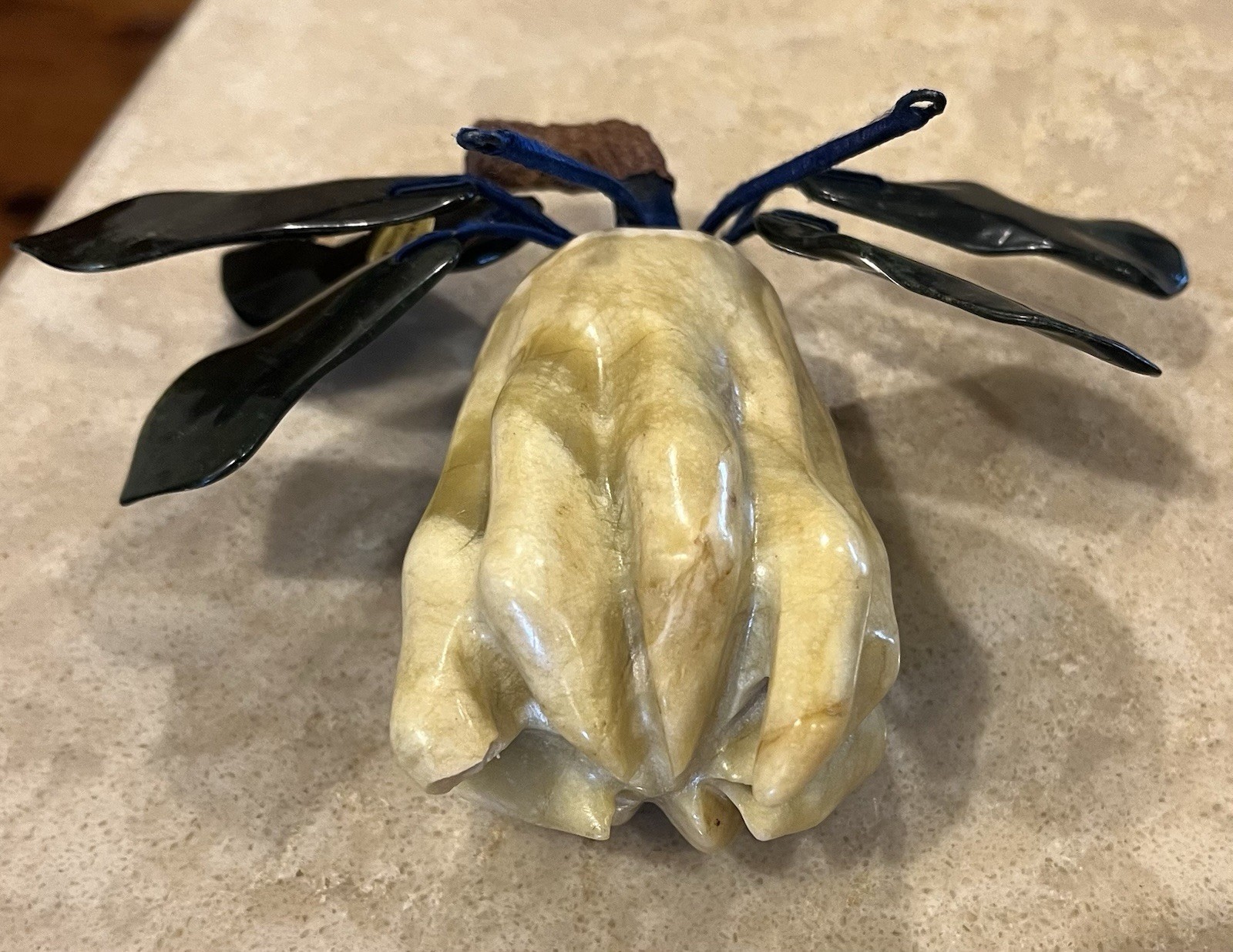 Vintage Chinese Dragonfruit Carved Hard Stone Light green with Dark Green Leaves