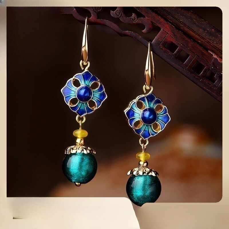 China Agate/Cloisonne/Coloured Glaze Flower Gild Tibetan Style Earbob Earrings