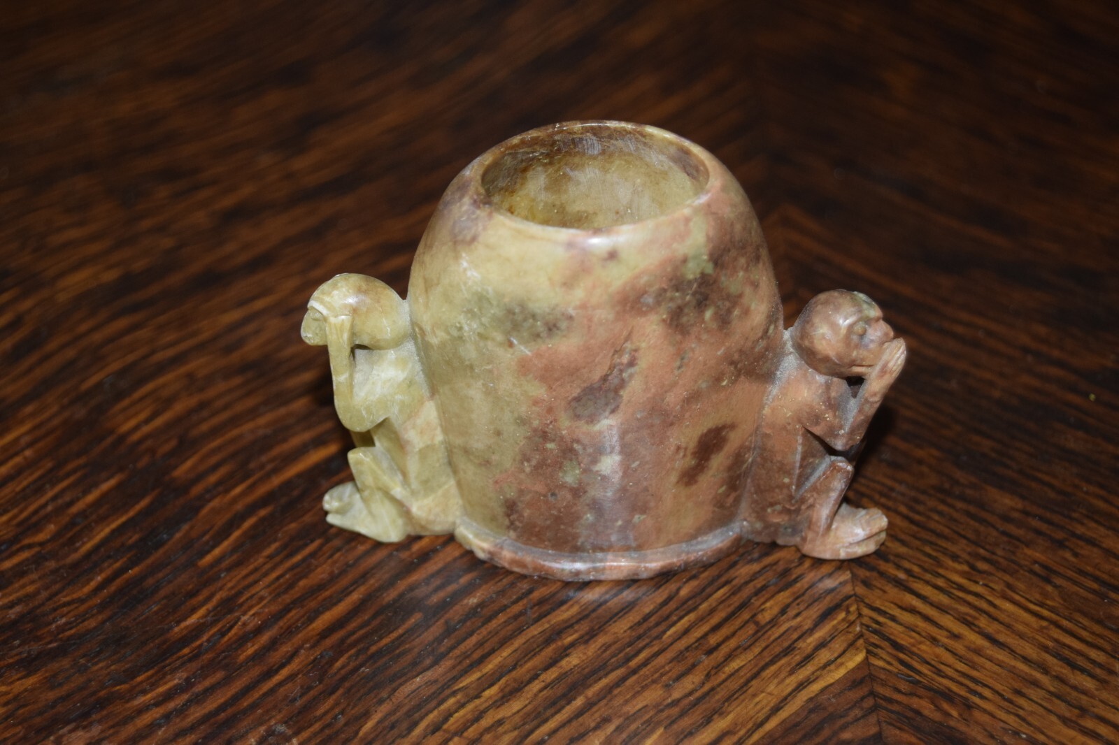 Vintage Soapstone Carved Toothpick Holder Cup Monkeys See, Hear , Speak no Evil
