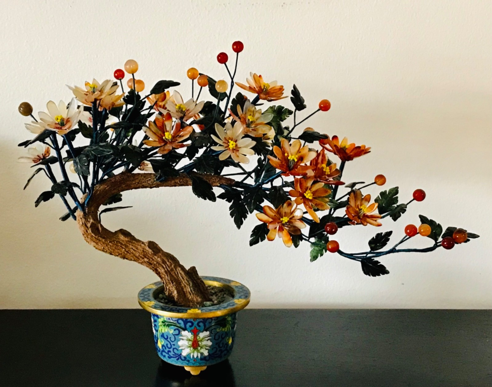 Chinese Jade Bonsai Tree in Cloisonne Pot – 15″ Inches Wide