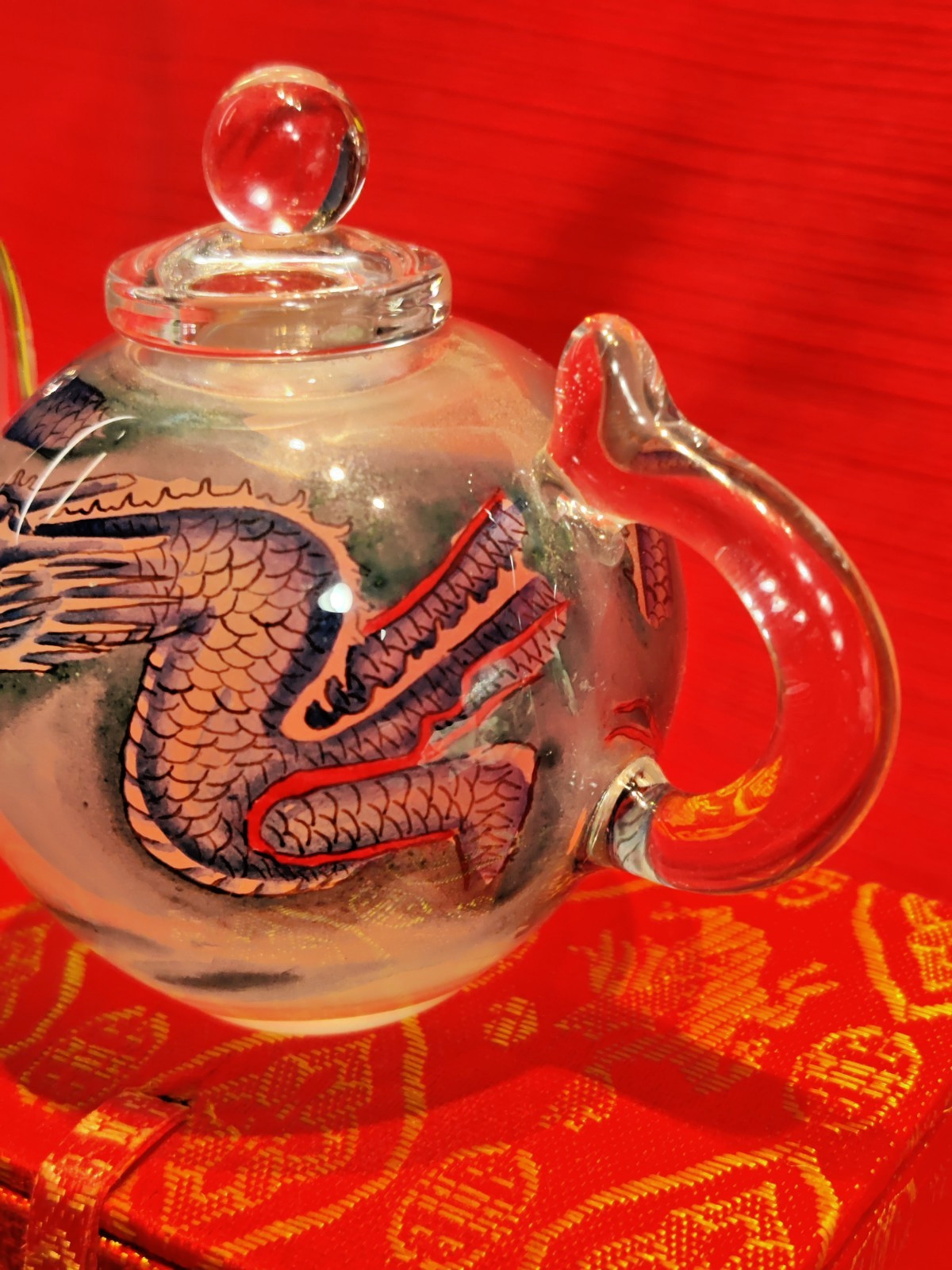 VTG Asian Glass Teapot Mini Reverse Painted Dragons Tea Pot Gift Box Small