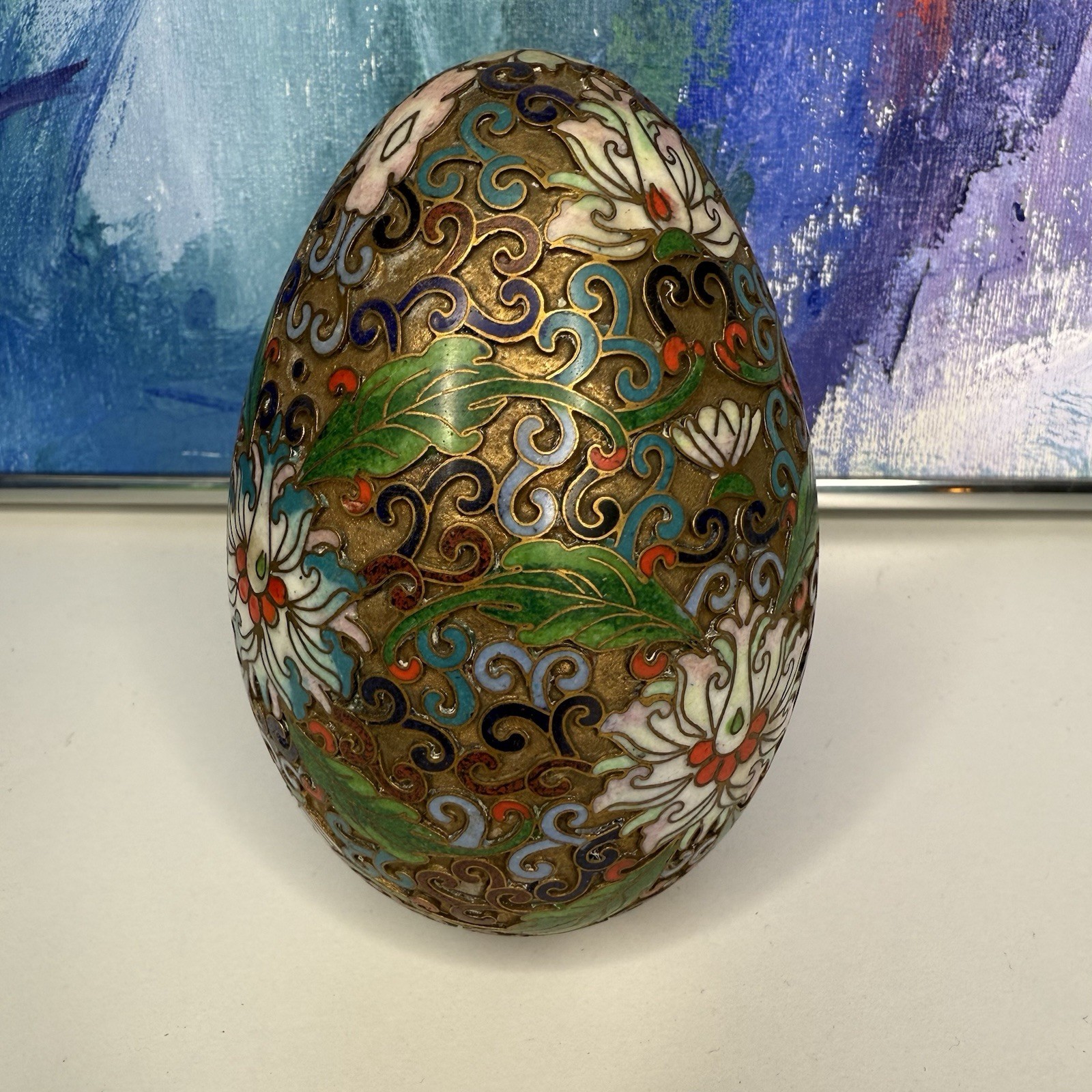 Chinese Cloisonné Metal Egg with Glass Display Stand Vintage Floral Enamel Lotus