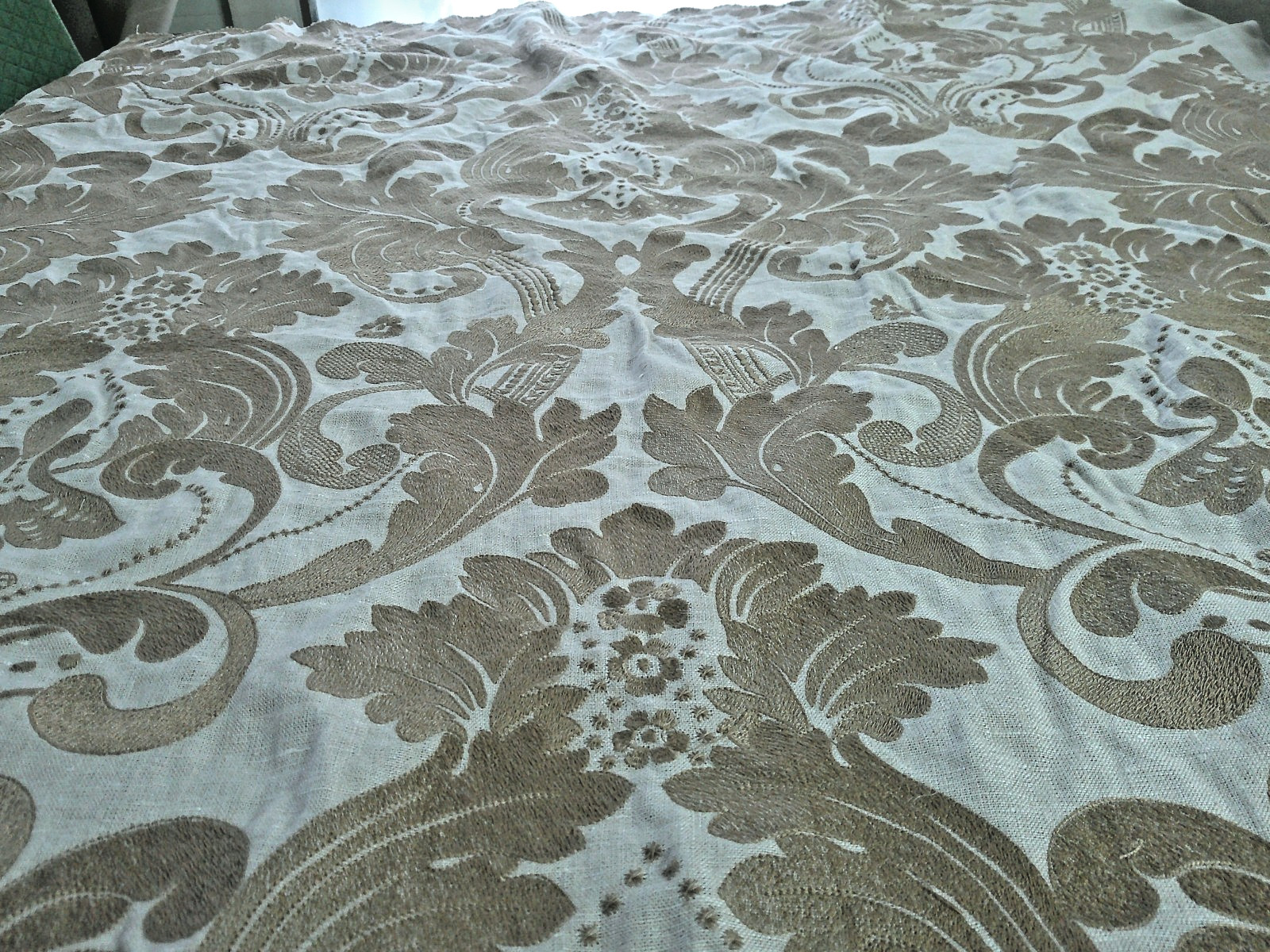 Parisian Embroidered Linen Baroque Large Scale Discontinued Vervain Creme/Toffee