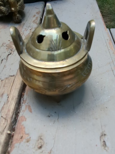 Vintage Marked Chinese Brass Footed Incense Burner Holder Tri pod pot lidded
