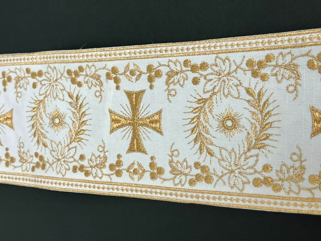 Liturgical Religious Lame Cross Gallons Banding Gold on White 1 Yard USA Made