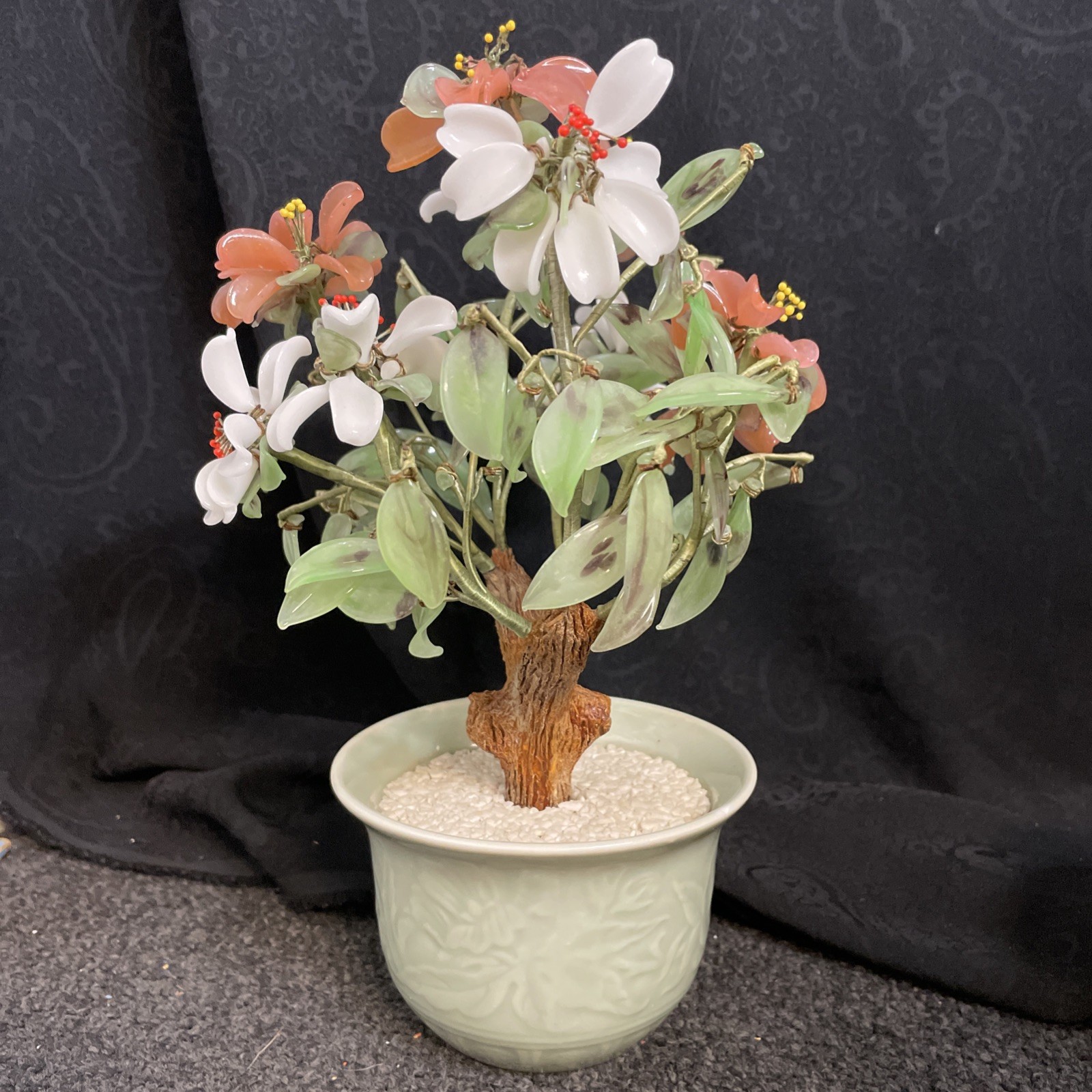 VTG ASIAN GLASS BONSAI TREE JADE WHITE CHERRY BLOSSOM FLOWERS CELADON POT 12”