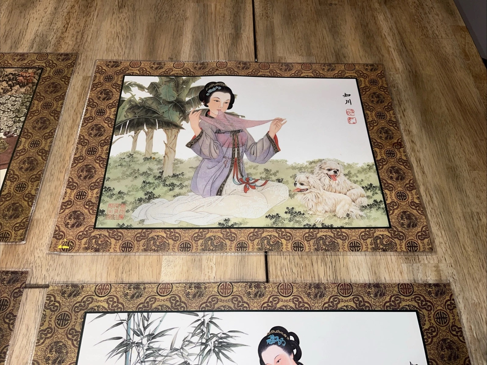 H136~ Chinese Silk Placemats Hand Painted Watercolors Double Sided Laminate