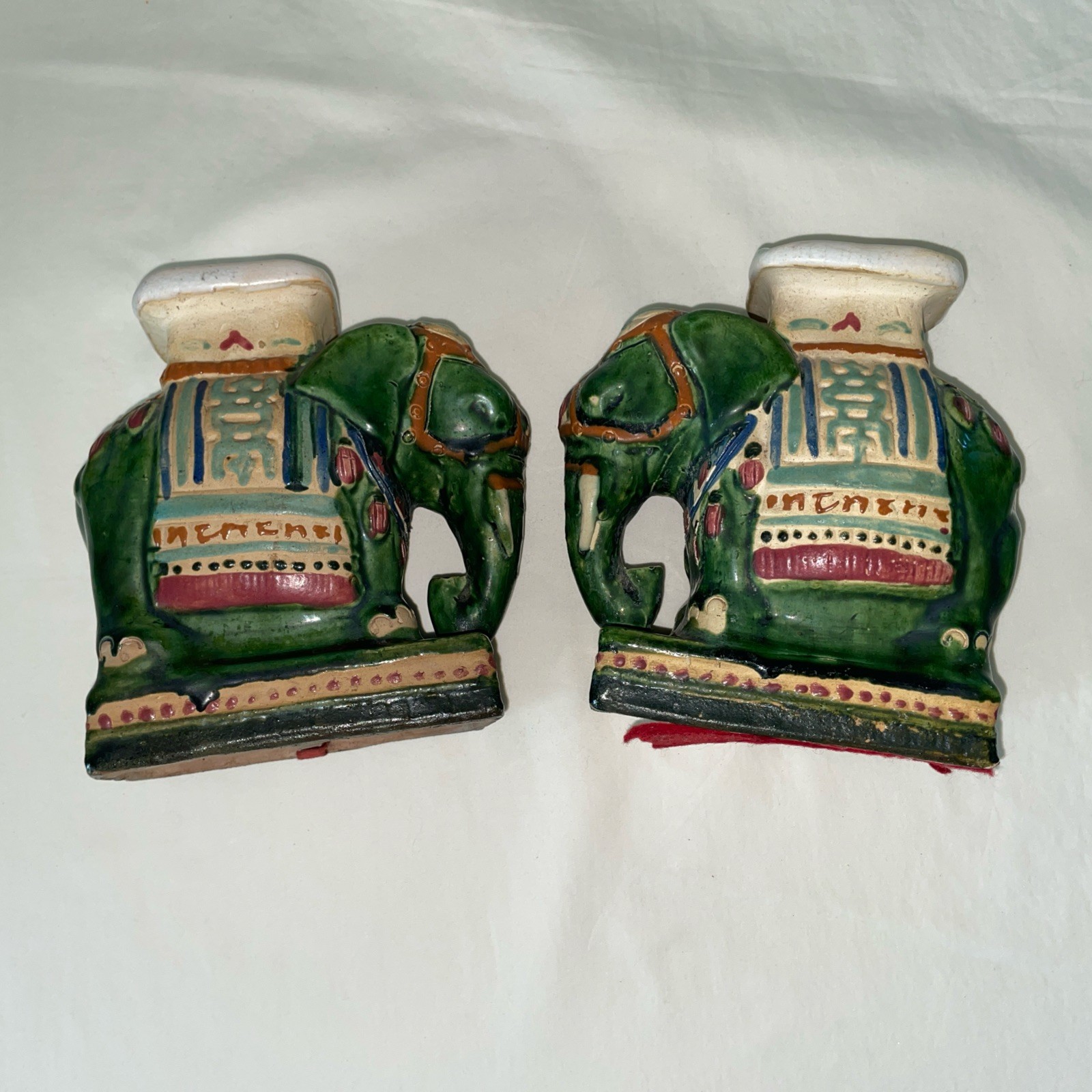 VTG Pr of Ceramic Hand Painted Majolica Asian Elephant Statue