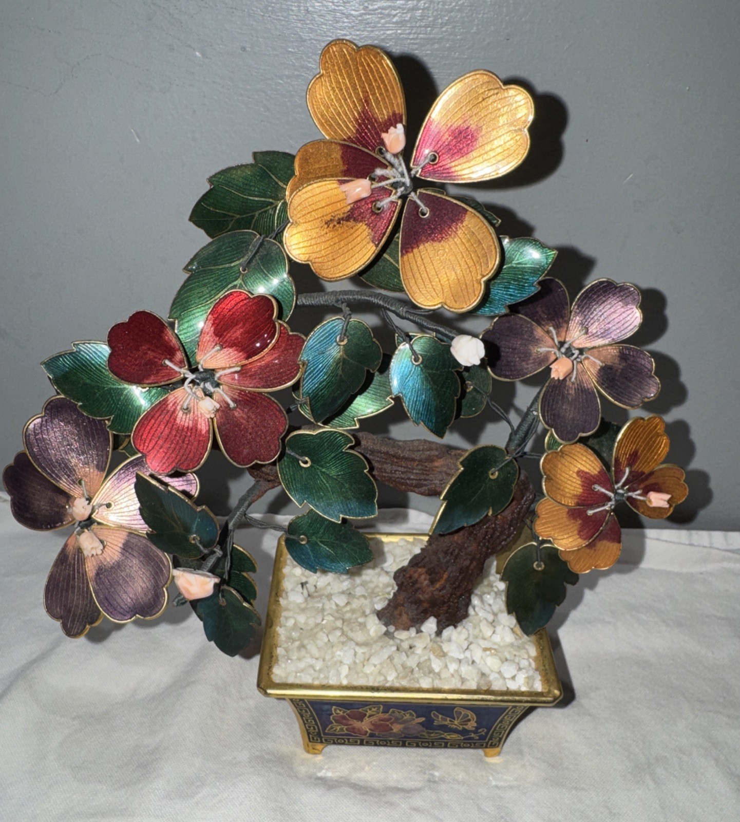Cloisonne Enamel and Metal Bonsai Tree w/ Pot Colorful Flowers 7.5” Vintage