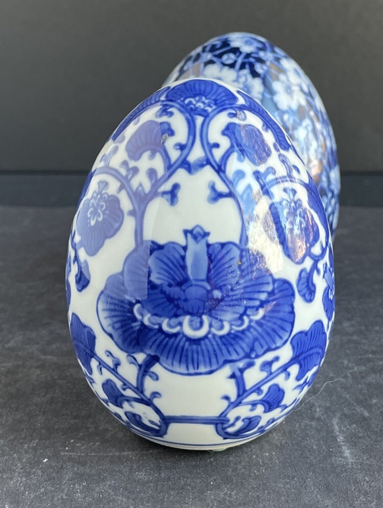 Vintage Asian Blue & White Two Large Eggs 4.25” Collectable Home Decor