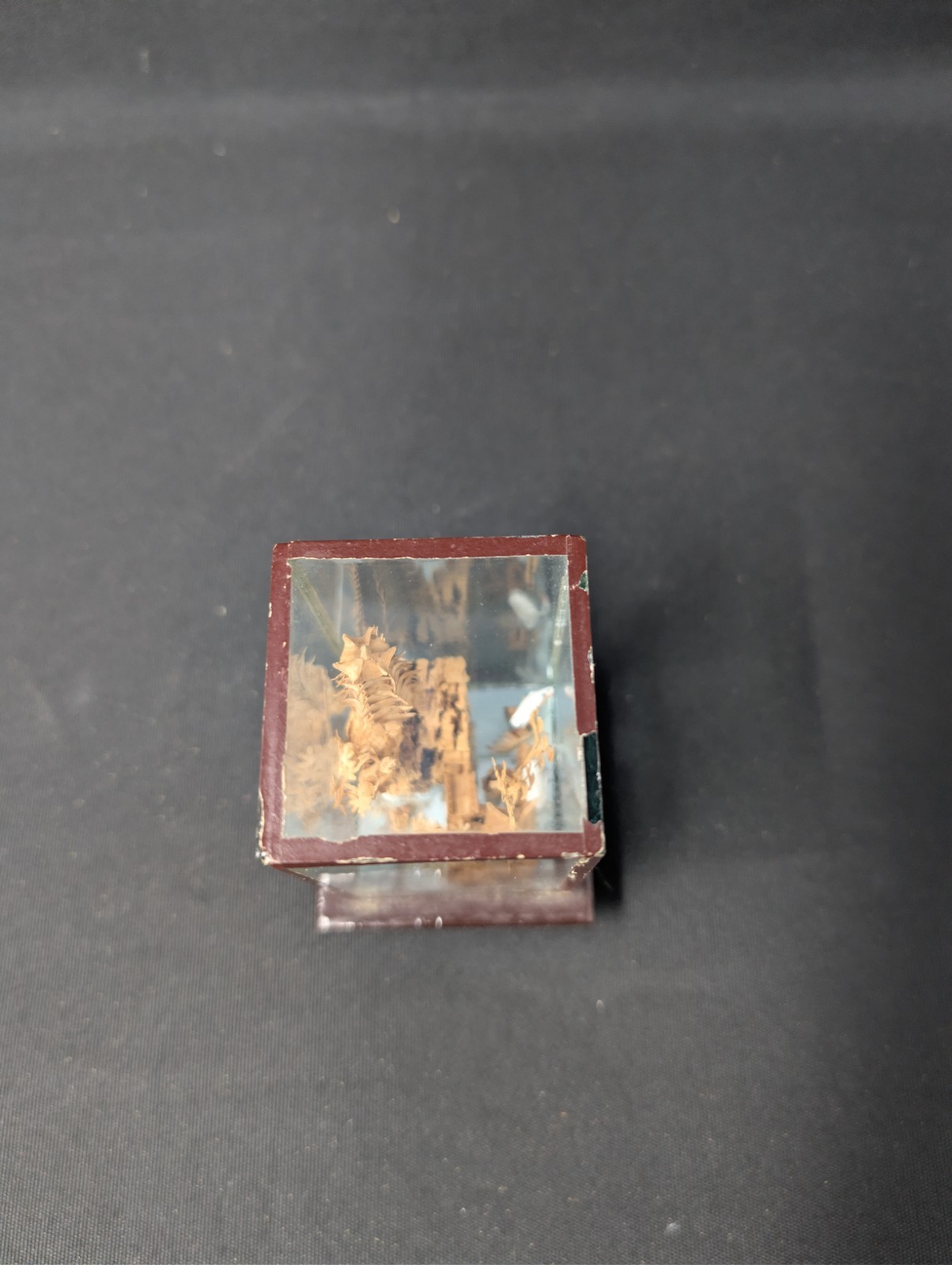 DIMINUITIVE DIORAMA! 3¾” Chinese Cork Carving VINTAGE Cranes & Village FRAMED