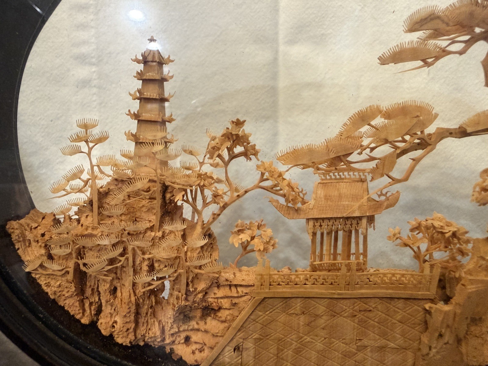 MCM Vtg. Carved Cork Chinese Art Diorama w/Cranes Pagoda and Trees Black Lacquer