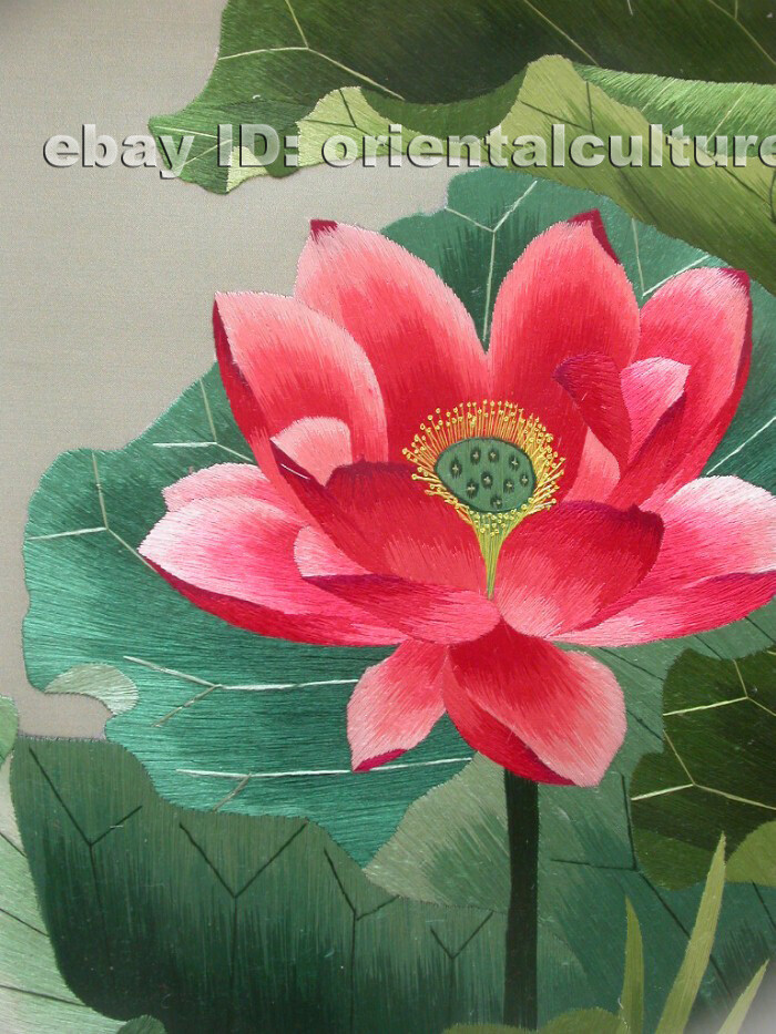 Chinese 100%hand embroidered silk brocade mounted suzhou embroidery:Lotus flower
