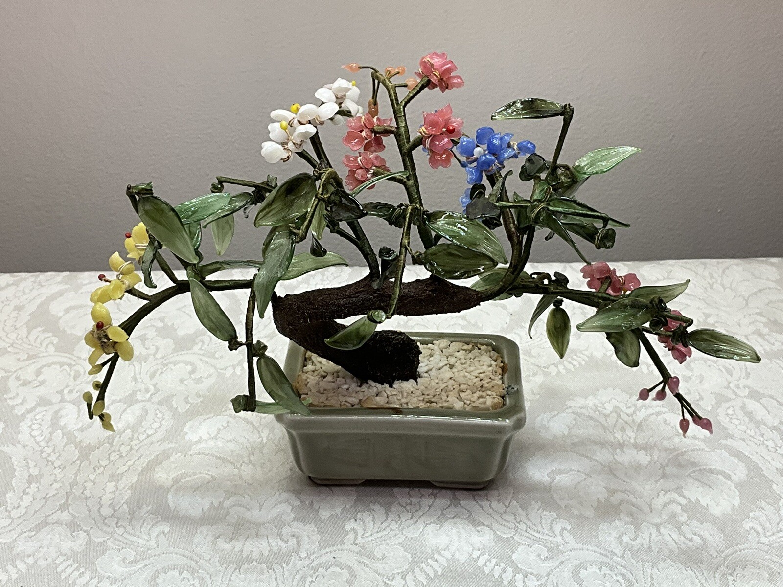 Vintage Glass Bonsai Jade Tree Intricate Multi Color Flowers Celadon Pot Pretty