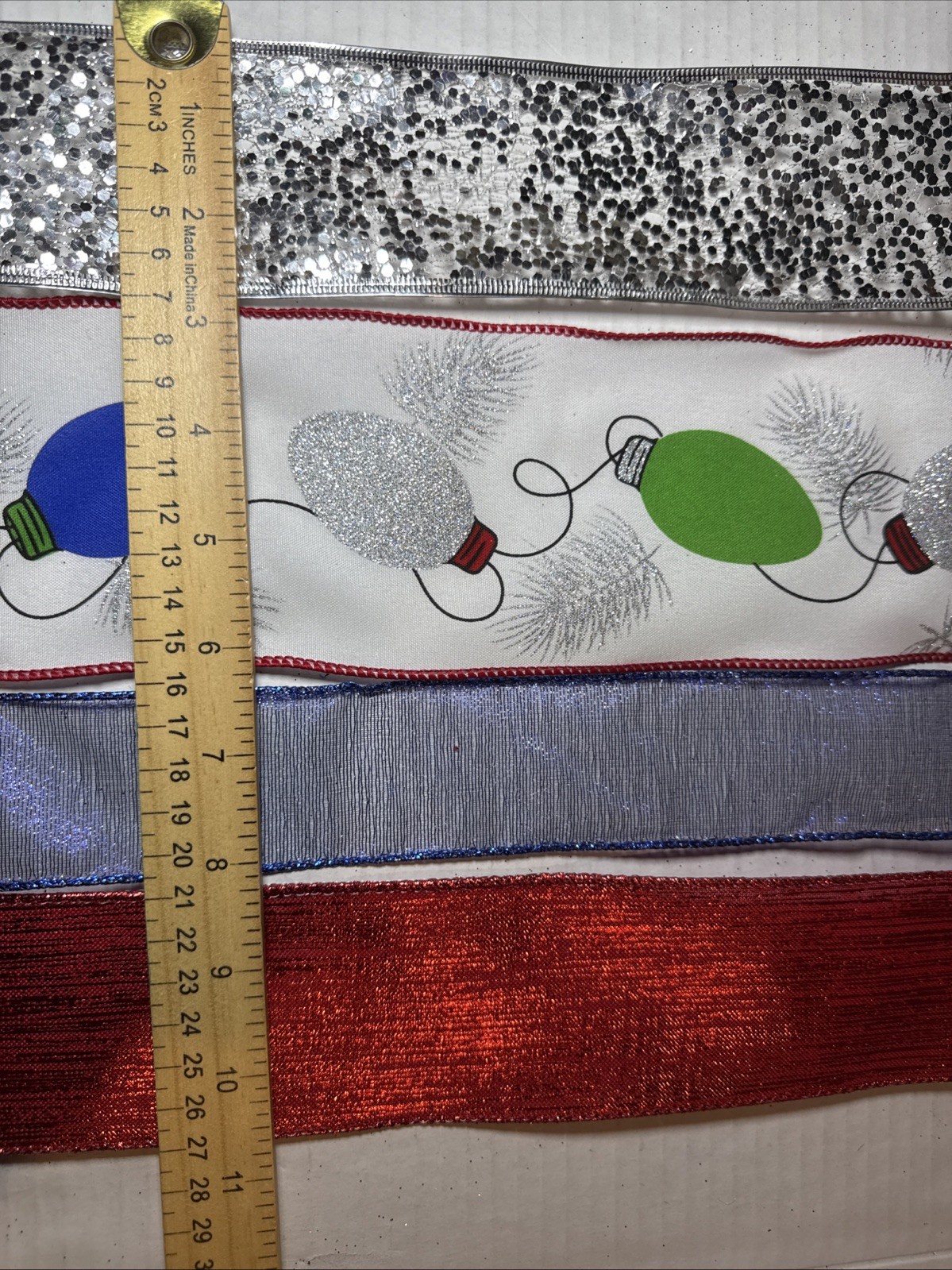 Christmas Light Bulbs Wired Ribbon Red Green Blue Silver Glitter 20 Yards Total