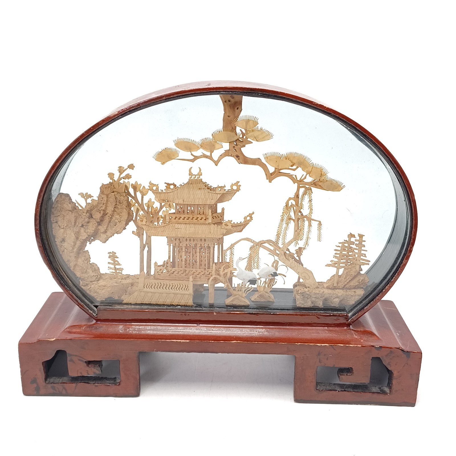 Vintage Chinese Cork Diorama with Pagoda, Intricate Carved Natural Scene. PO