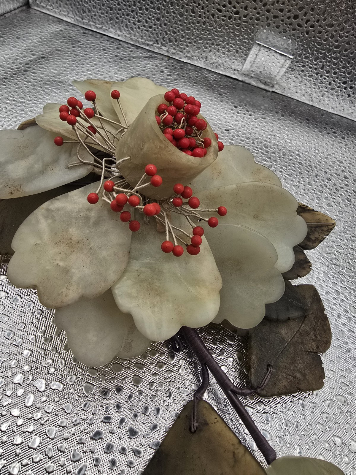 Vintage Antique Chinese Carved Stone Jade Flowers Leaves