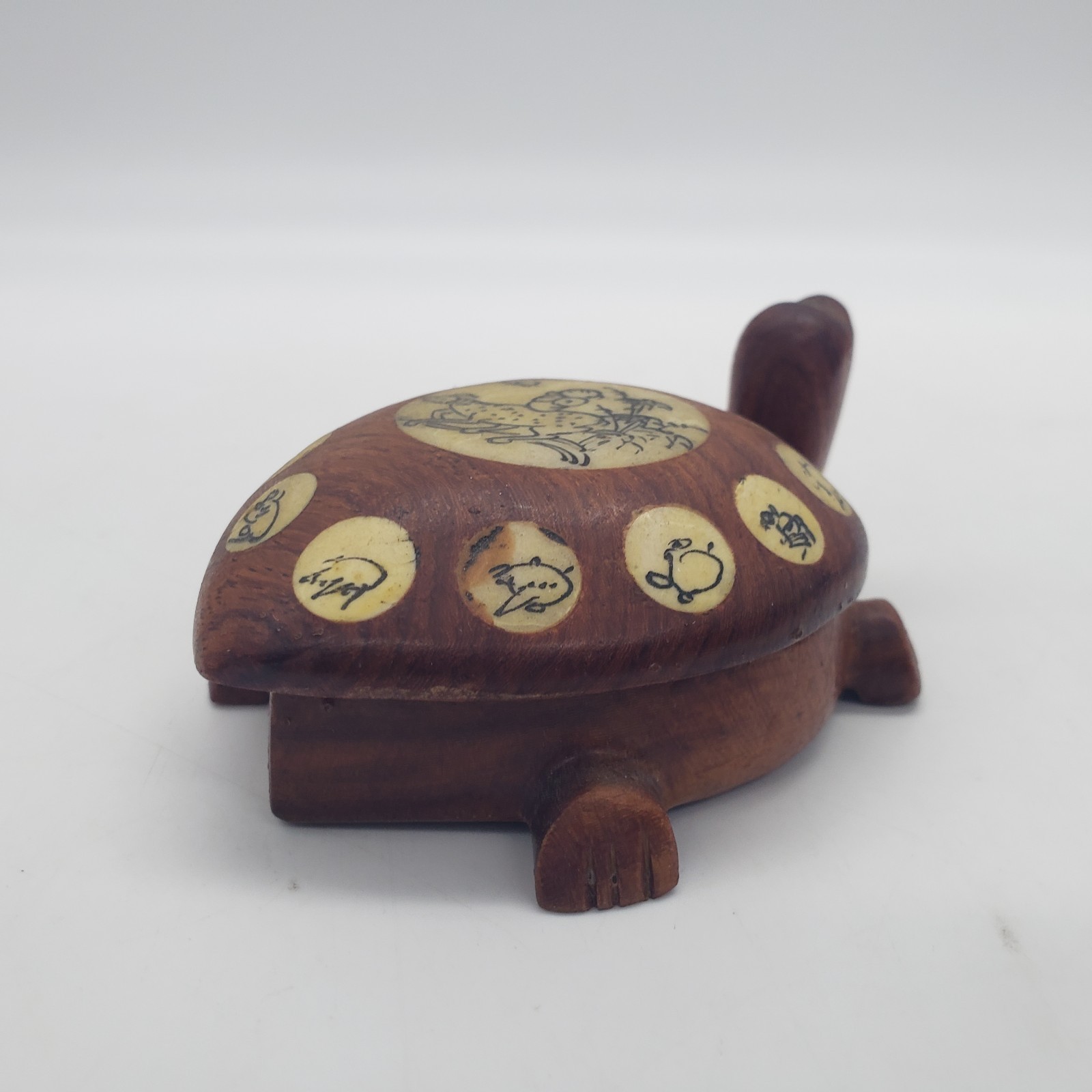 Vintage Carved Wood Turtle with Inlaid Chinese Zodiac Signs Opens to Compass