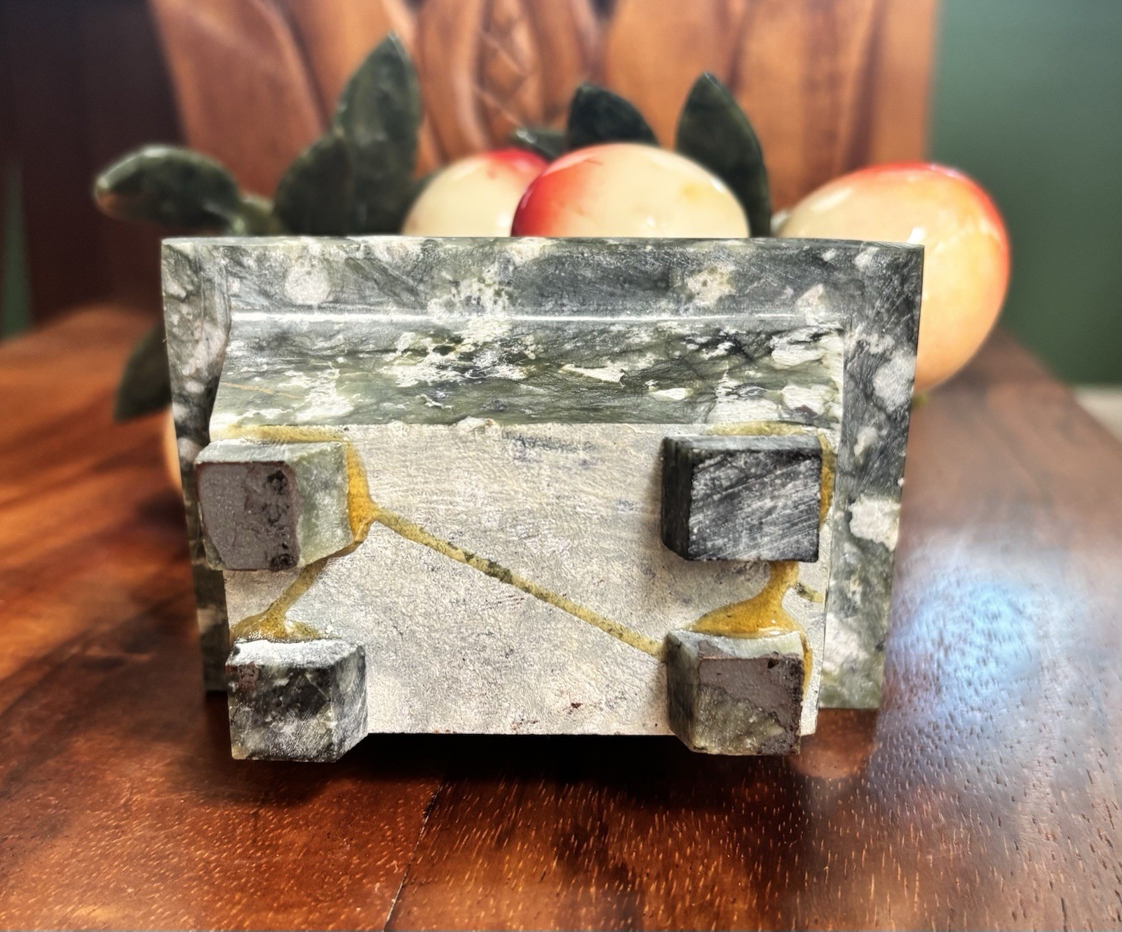 VTG Chinese Glass Jade Bonsai Tree with Plums in Rectangular Planter 7.5″ Tall