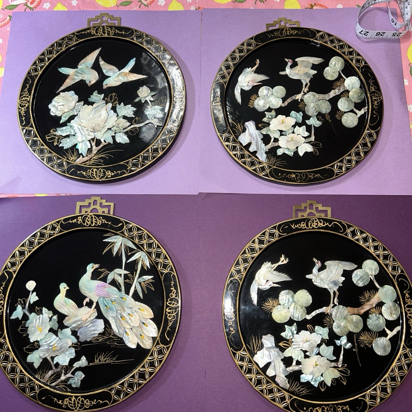 Vintage Chinese Lacquered Decorative On Wood Mother Of Pearl 10” Set Of 4 Used