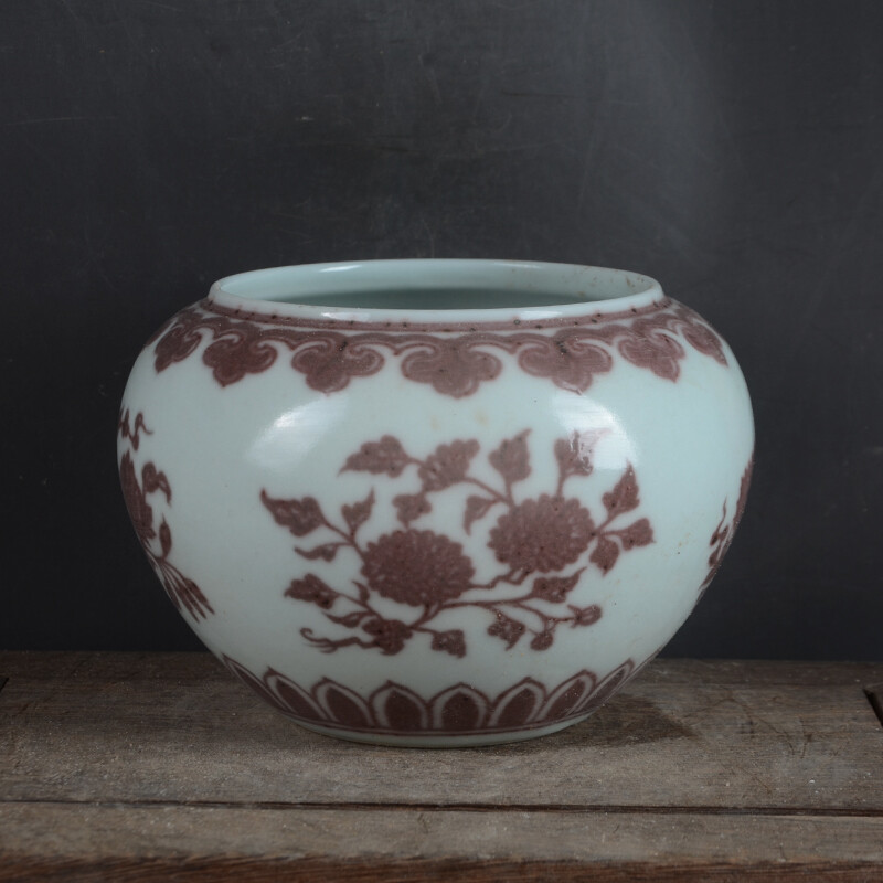 4.5″ Chinese Porcelain Under Glaze Red Lotus Flower Tree Leaf Brush Washer