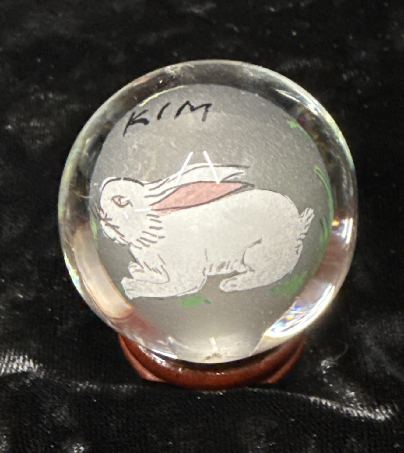 Chinese reverse painted Glass Ball Sphere Orb Rabbit w/Stand 1 3/4″ x 1 1/2″