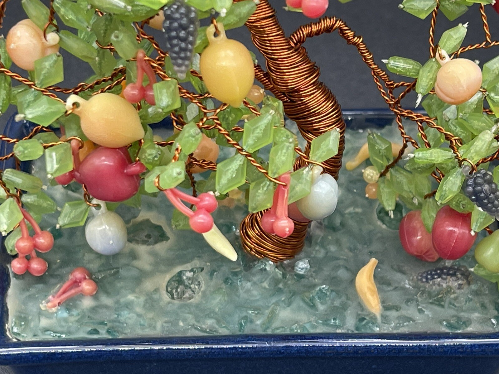 VTG Japanese Glass (? Acrylic) Fruit Bonsai Tree Copper Wire Apple Banana Cherry