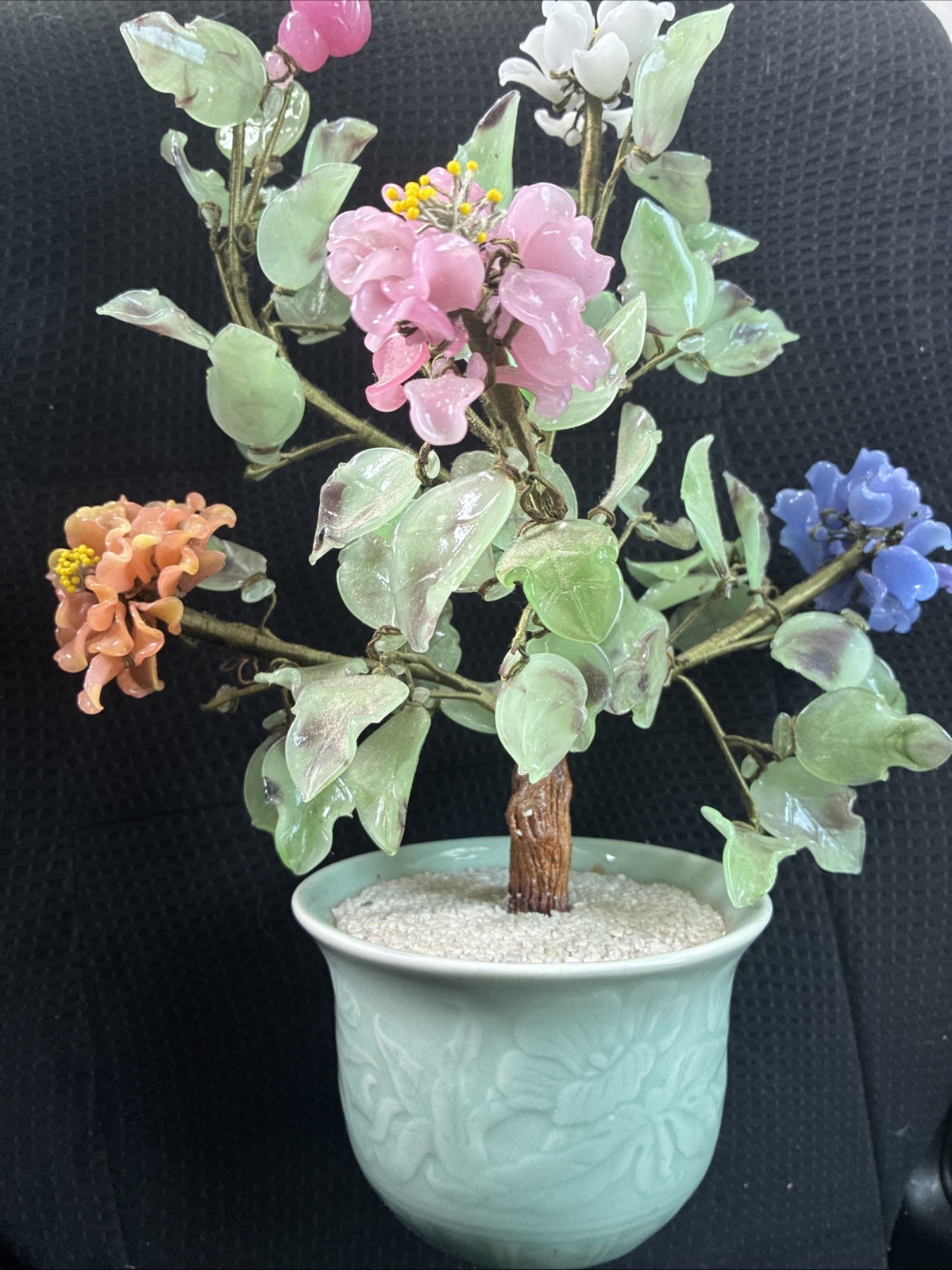 CHINESE ANTIQUE JADE BONSAI TREE MULTI COLOR FLOWER BLOSSOMS VTG GLASS FLOWERS
