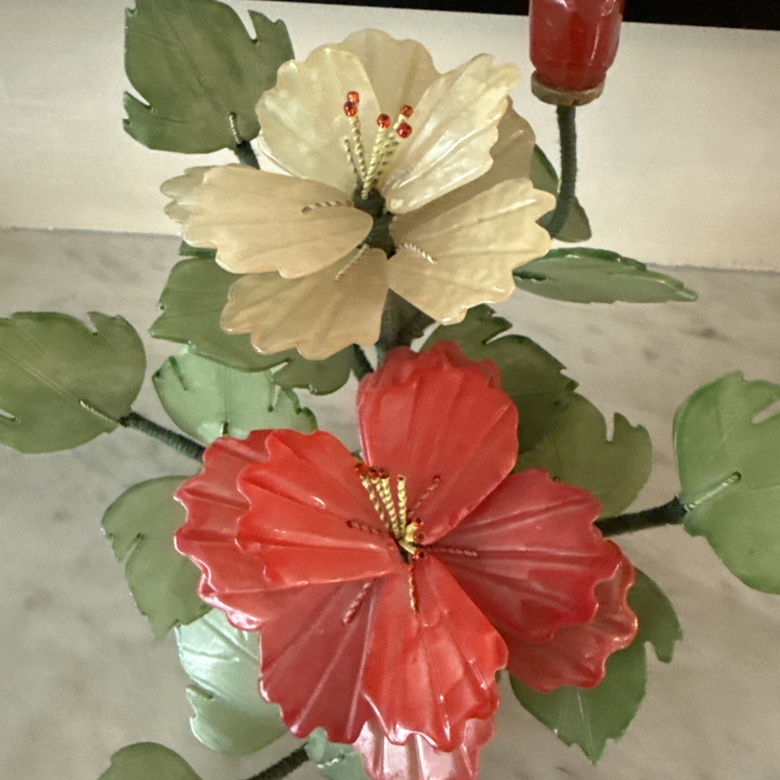 Vintage Jade Bonsai Tree Carved Red Hibiscus Flowers High Blossom 6.25” By 7”
