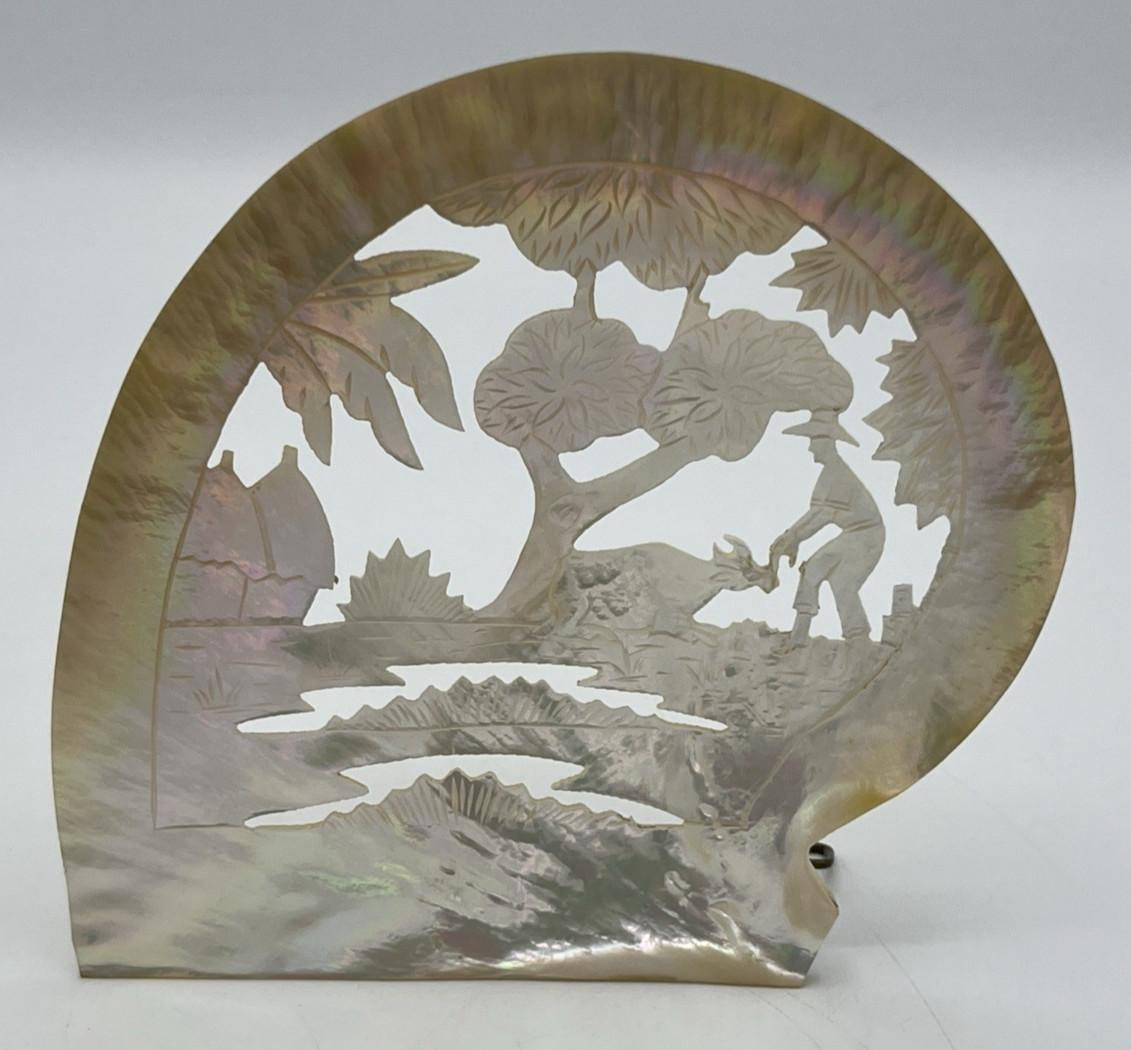 Carved Mother of Pearl Shell Asian Scene with Stand 6″ Tall