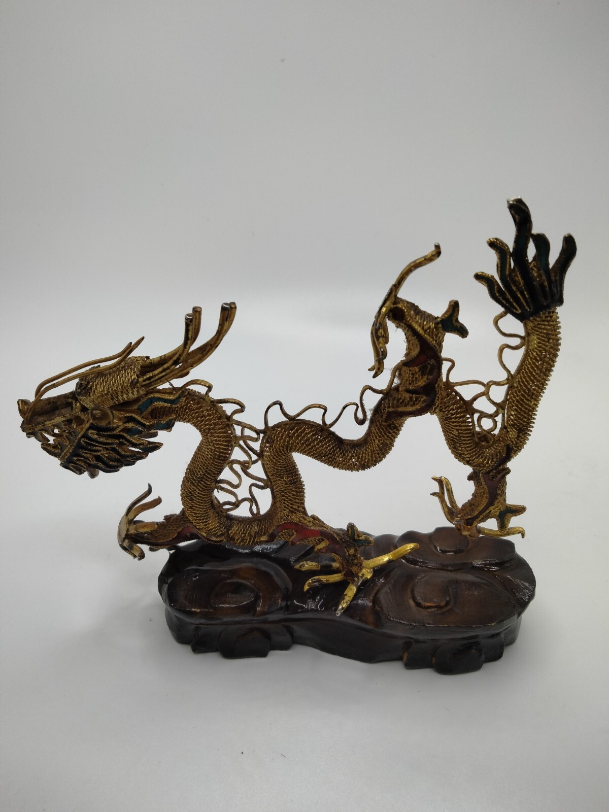 Chinese Brass Figurine Dragon on Wooden Stand 4.5″ x 4.5″ Green, Red, and Gold