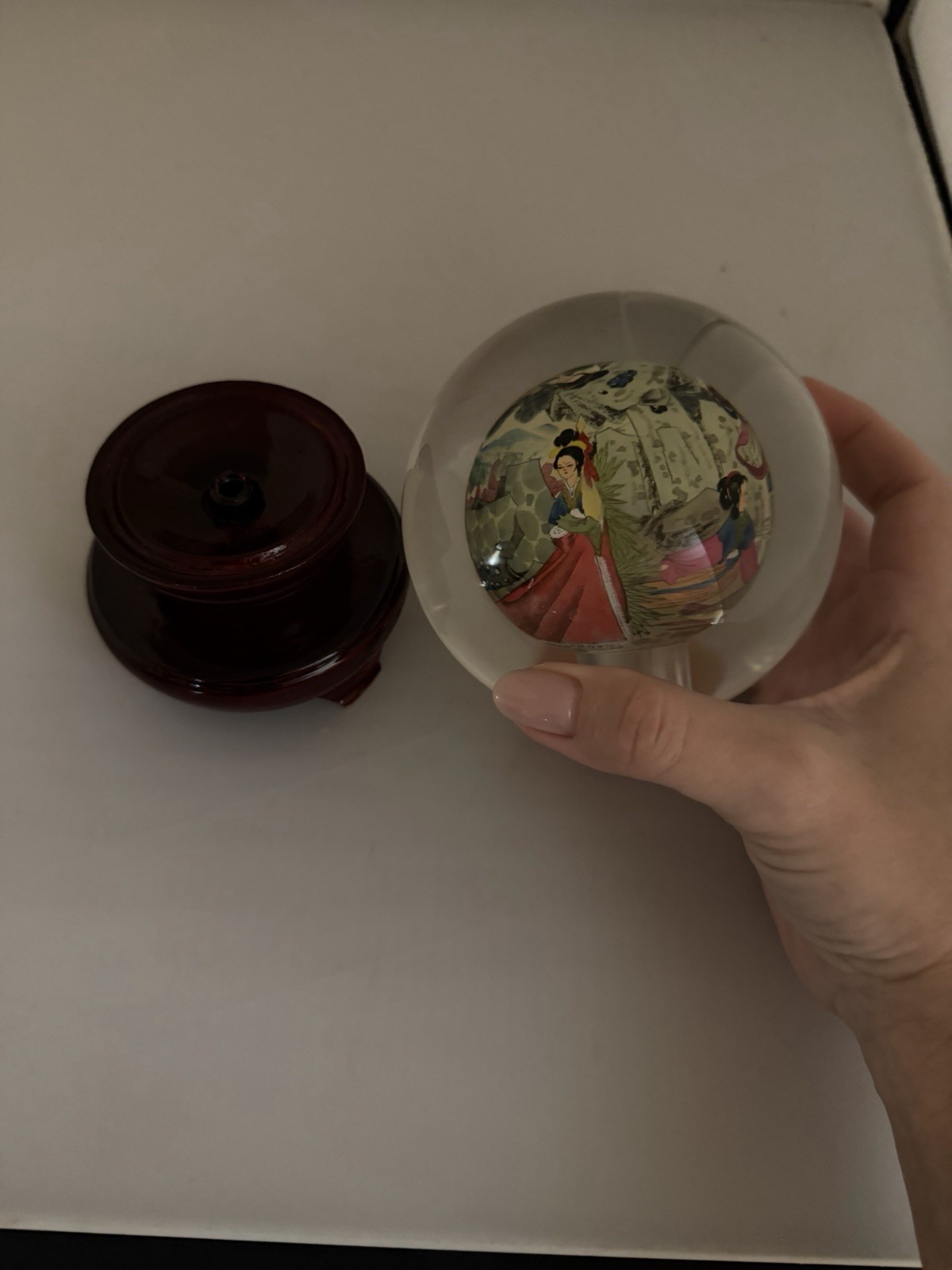 Chinese Handmade Inside Painted Glass Sphere with Wooden Stand