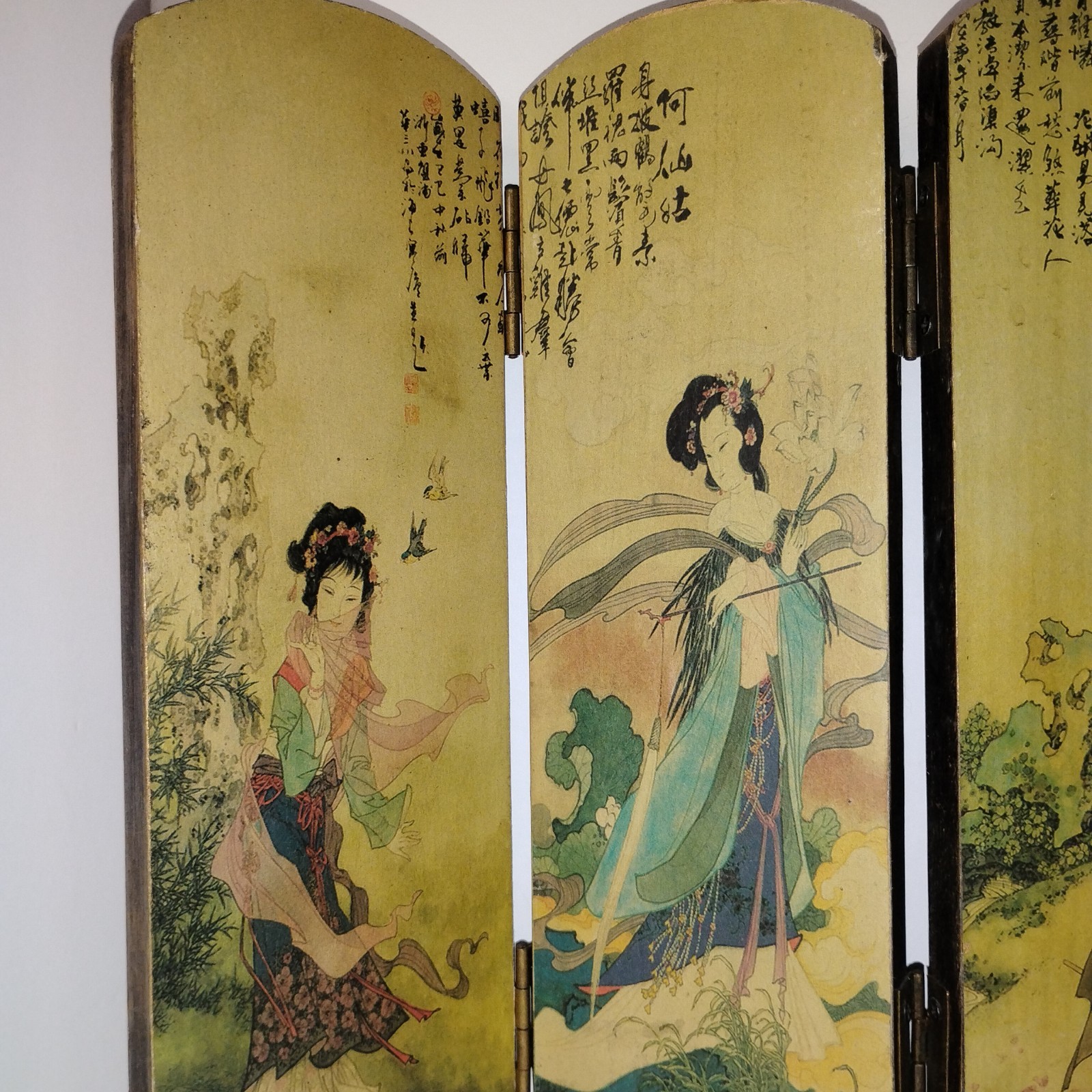 Vintage Chinese Folding Table Top Screen Handpainted 4 Panel 2 Sided Wooden