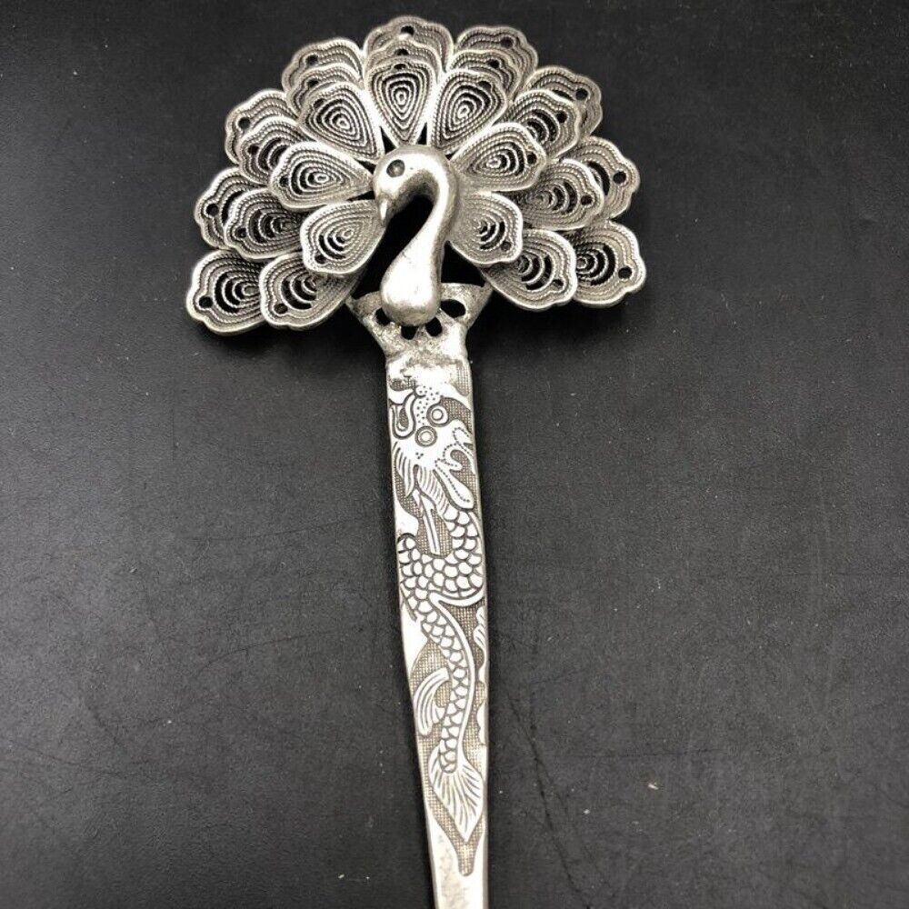 2PCS Antique style Old Chinese handcarved Peacock hair hairpin