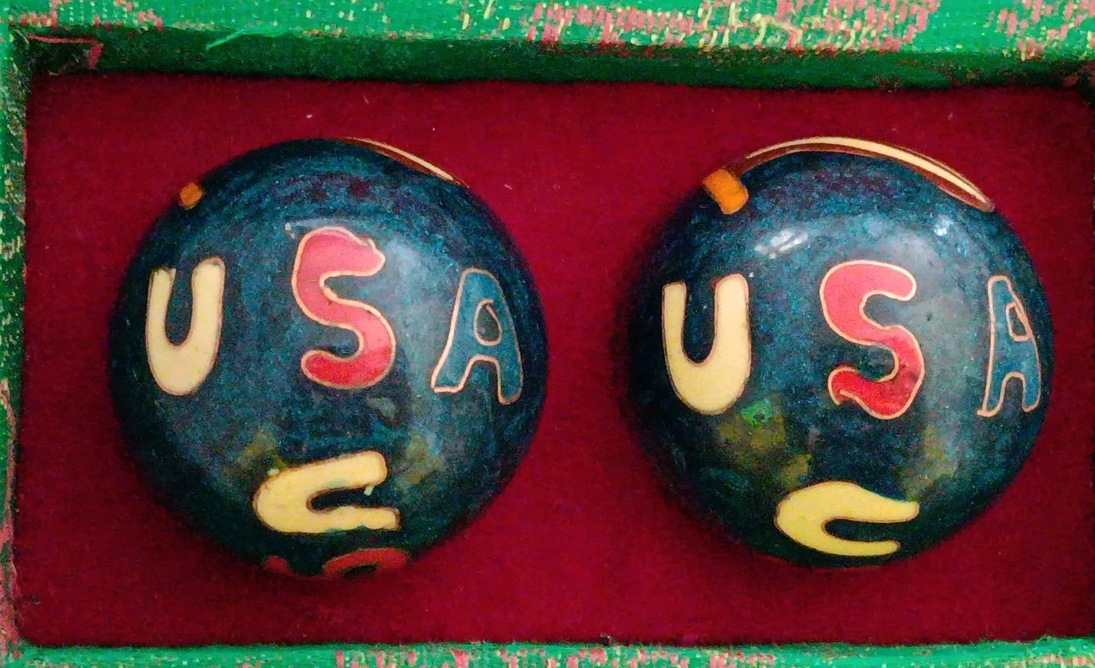 Vtg Chinese Baoding Cloisonné Balls with Brocade Box “USA” Flag Design