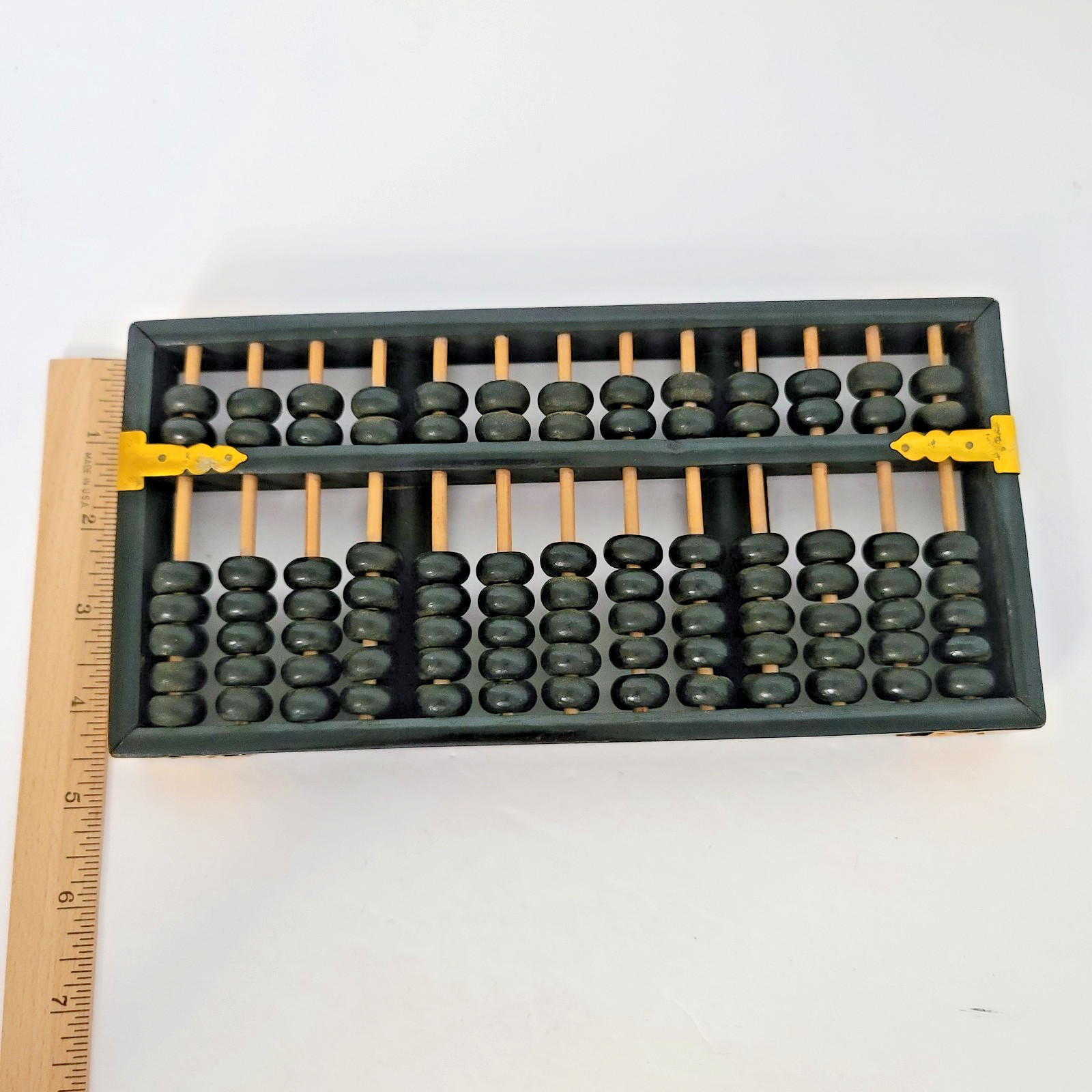 VTG Chinese Lotus Flower Abacus 13 Rod 91 Beads Black Painted Wood Brass Details