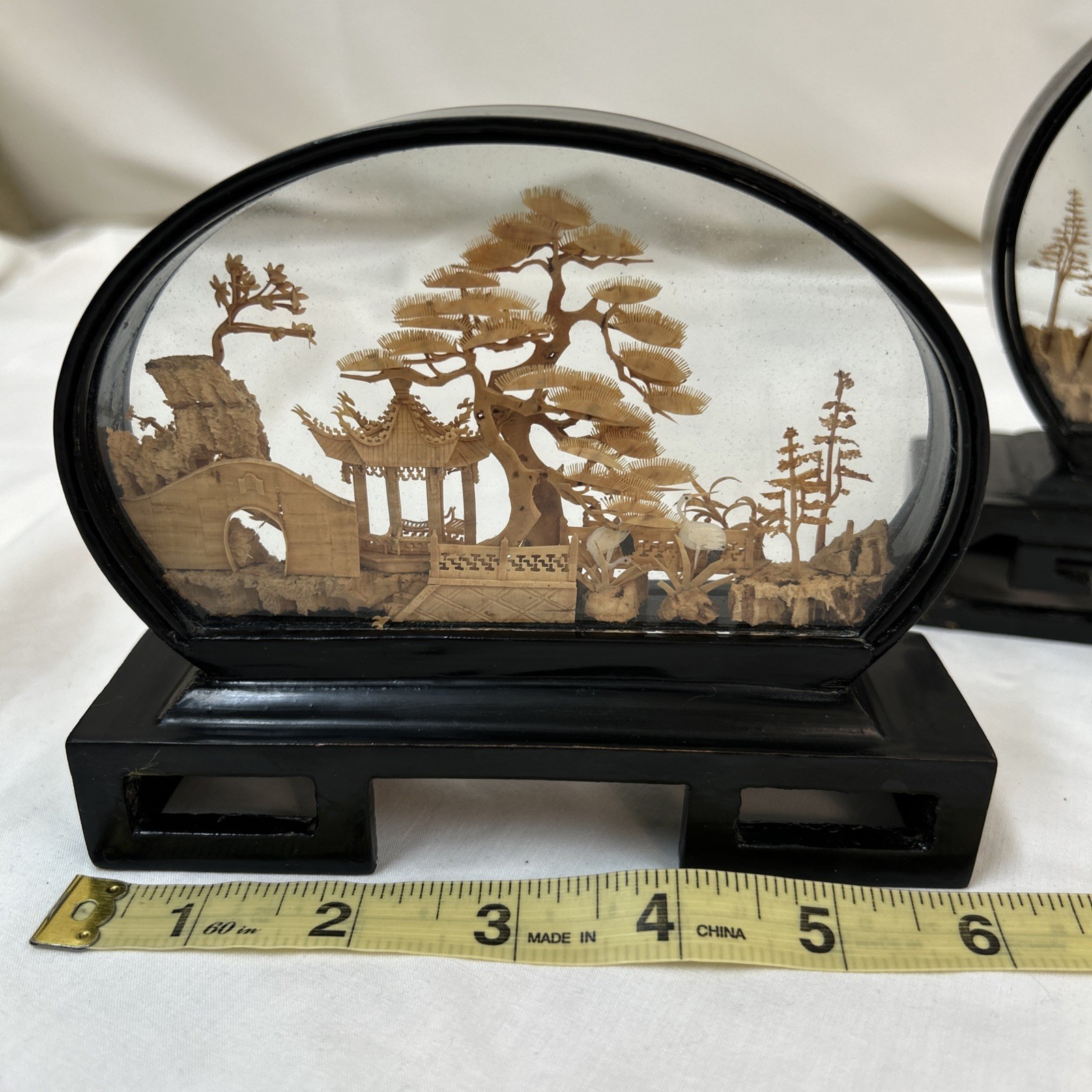 Set Of Vtg Oval Chinese Cork Art Hand Carved Diorama Pagoda Cranes Trees Cliff