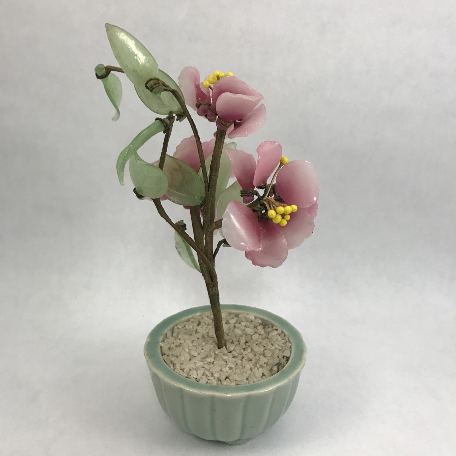 Pink Flower Decorative Asian Style Jade Glass Flowers Bonsai Plant Celadon Pot