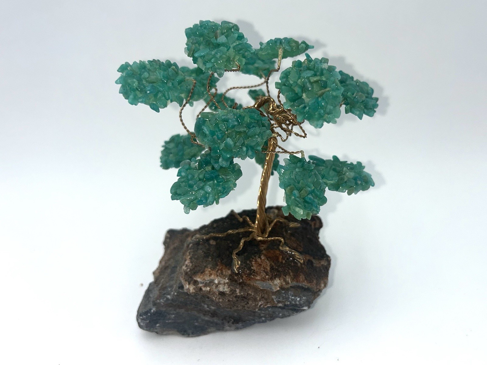 Vintage Crystal Bonsai Tree Sculpture Copper Wire on Natural Stone Base.
