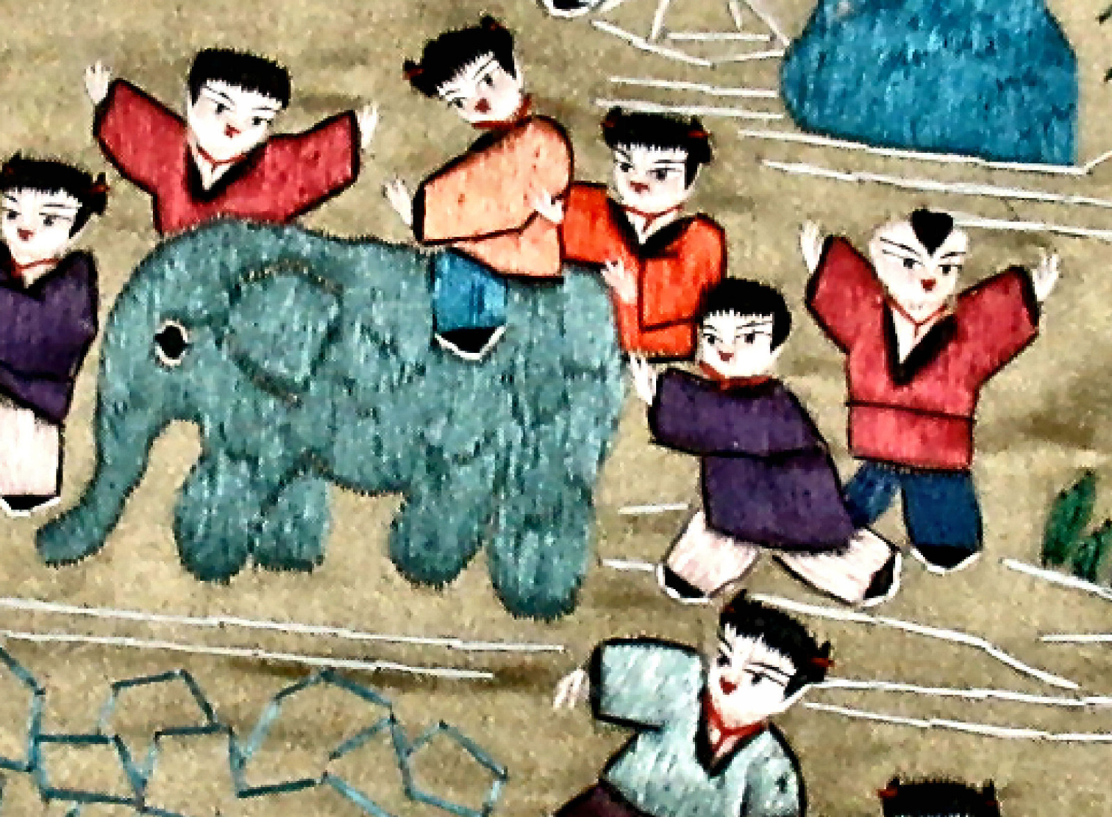 Vtg Oriental Silk Panel Hand Embroidered Scenes People Elephant, Boat, Etc.