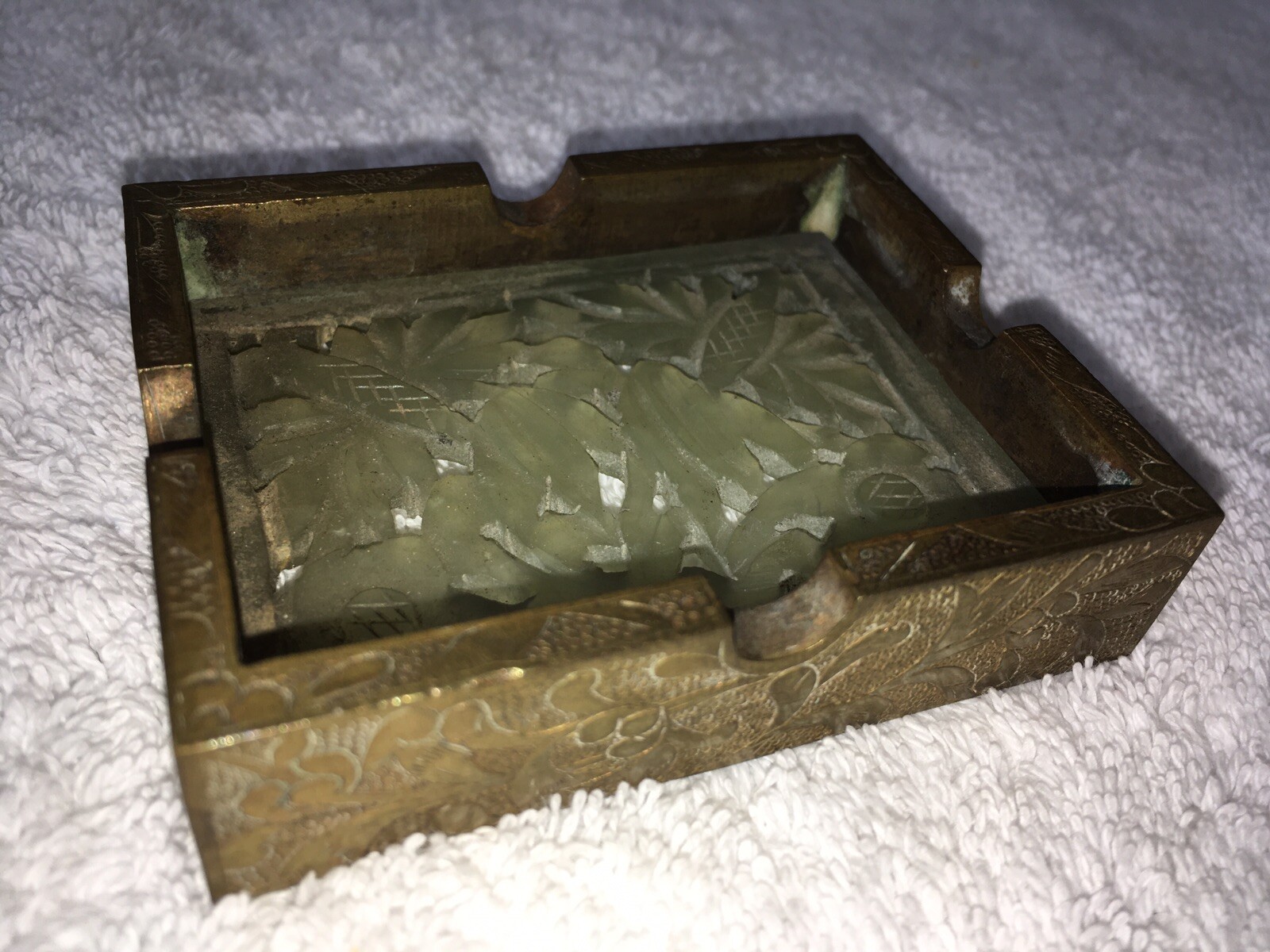 Vintage Chinese Carved Stone & Brass Ash Tray, 3” x 2-3/8” x 3/4” H
