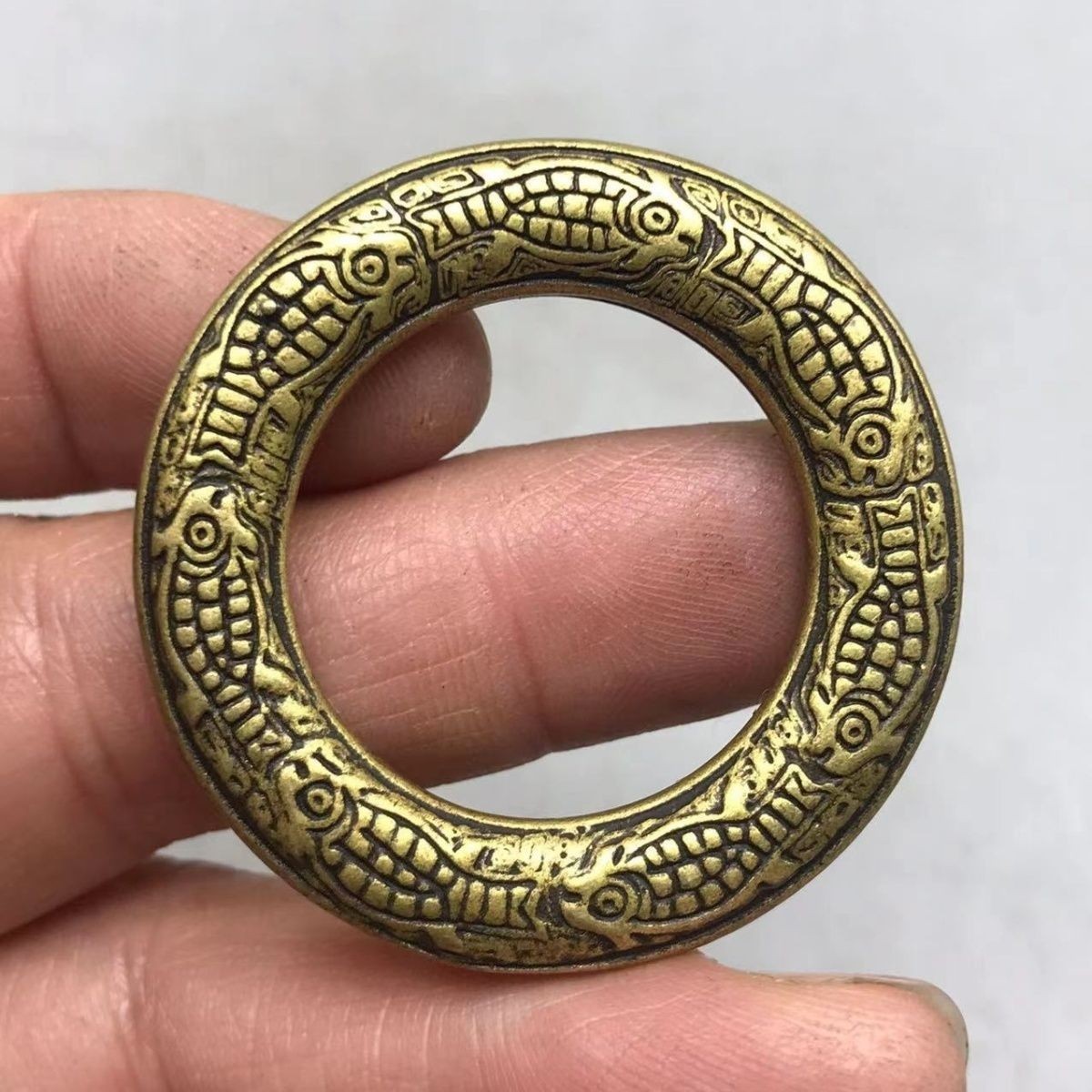 Antique Embossed Fish Circle Auspicious Wealth Abundance Lucky Amulet Token
