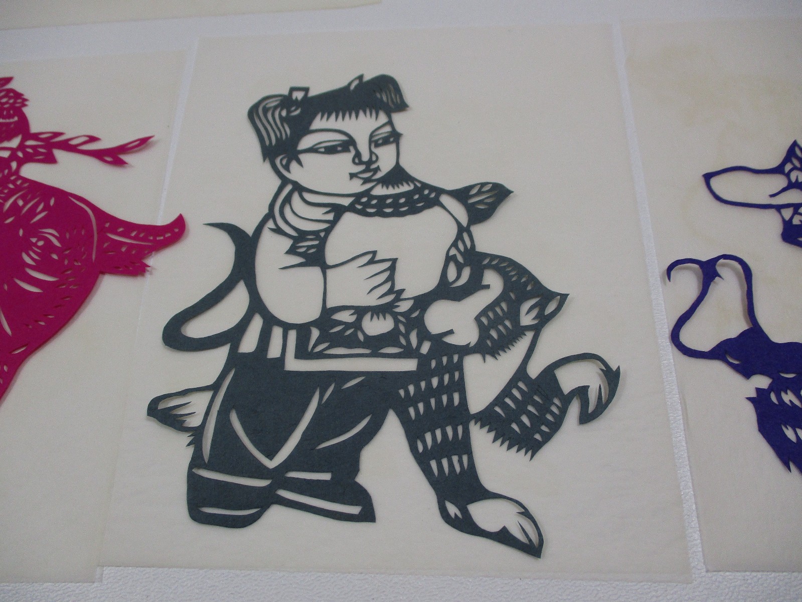 Lot Set 8 Vintage Chinese Folk Art Paper Cuts Woman with Animals Multicolor
