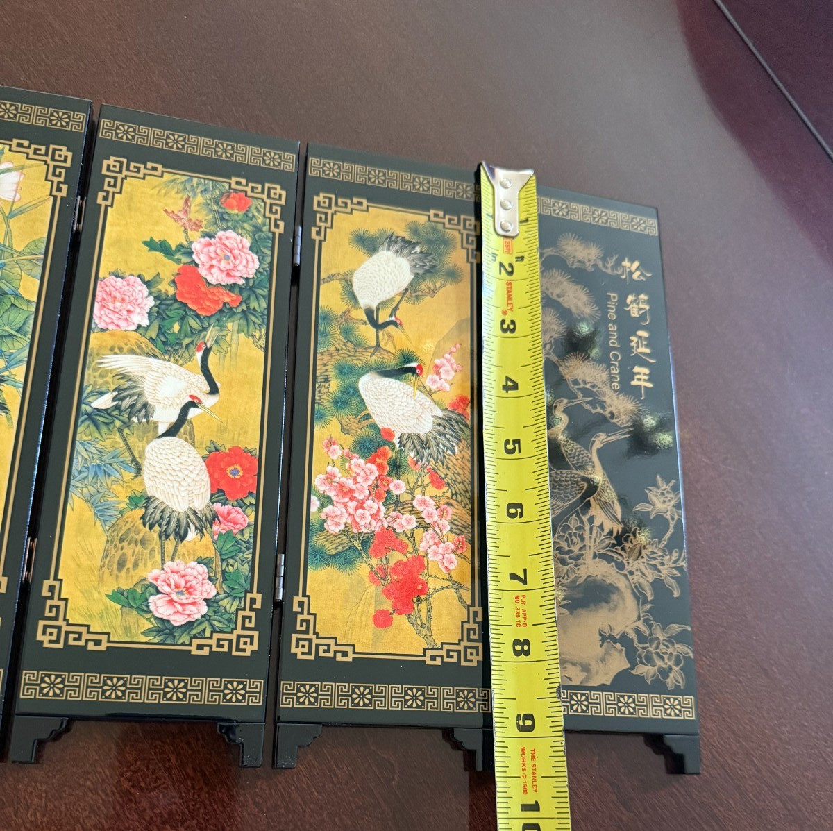 Asian Lacquer Table Folding Screen features a beautiful “Pine & Crane” scenes