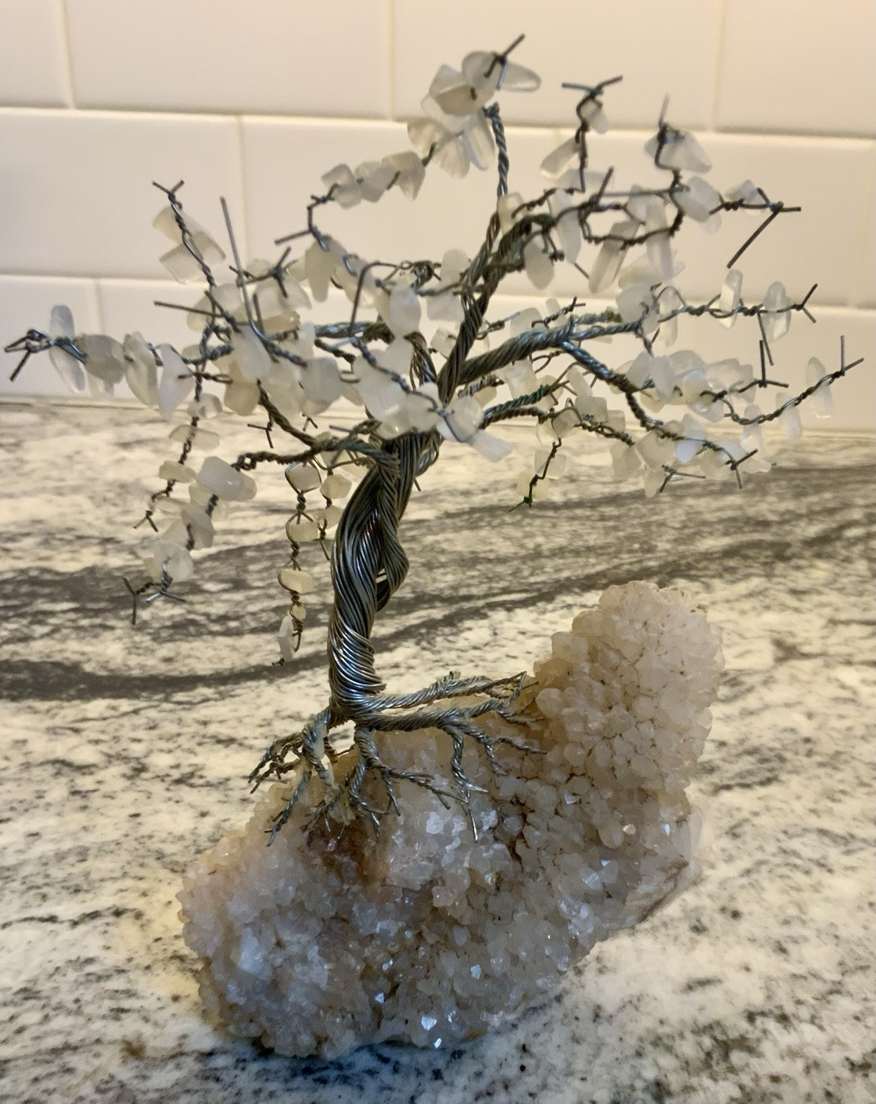 7″ WHITE QUARTZ BONSAI TREE VINTAGE WIRE WRAP ARTWORK PROSPERITY ASIAN FOLKLORE