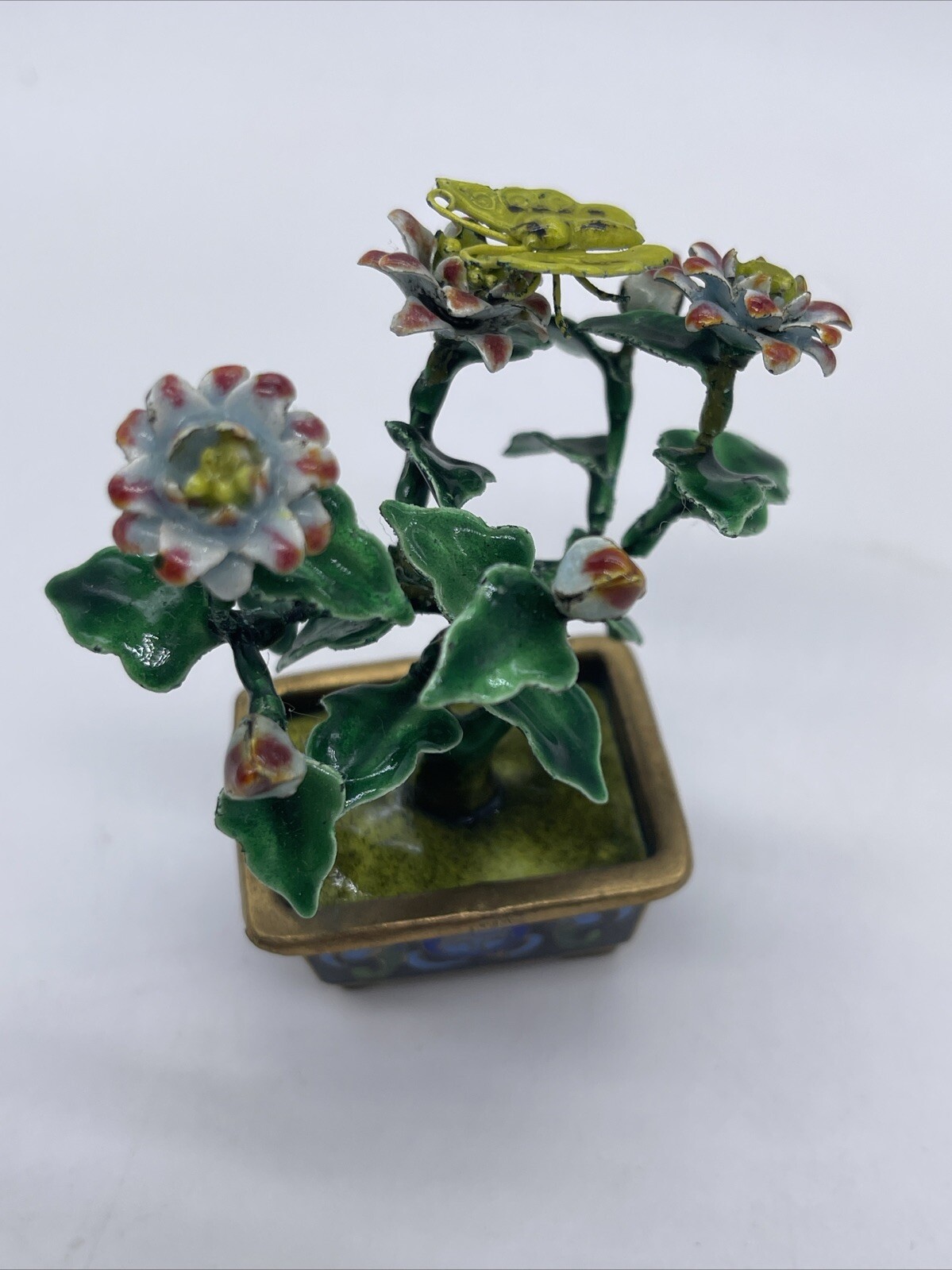VINTAGE CHINESE METAL GUILLOCHE ENAMEL BONSAI TREE & FLOWERS with CLOISONNE POT