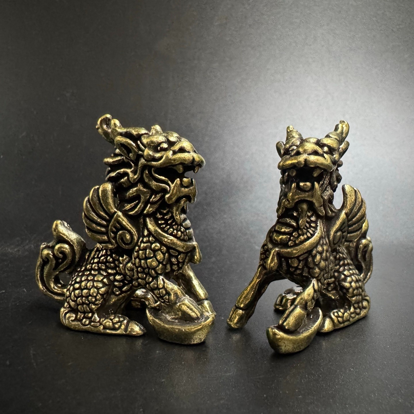 Pair Brass Winged Qilin Statues Chinese Feng Shui Wealth Lucky Mini Ornaments