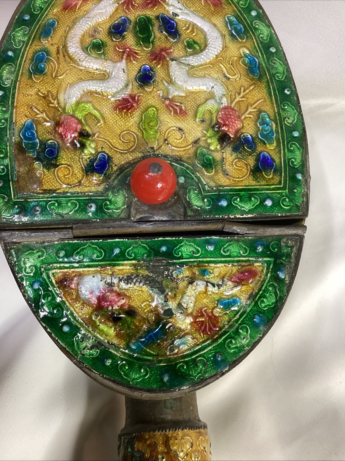 Antique CHINESE Brass Cloisonne Enamel Silk Iron DRAGONS CHASING THE RED PEARL