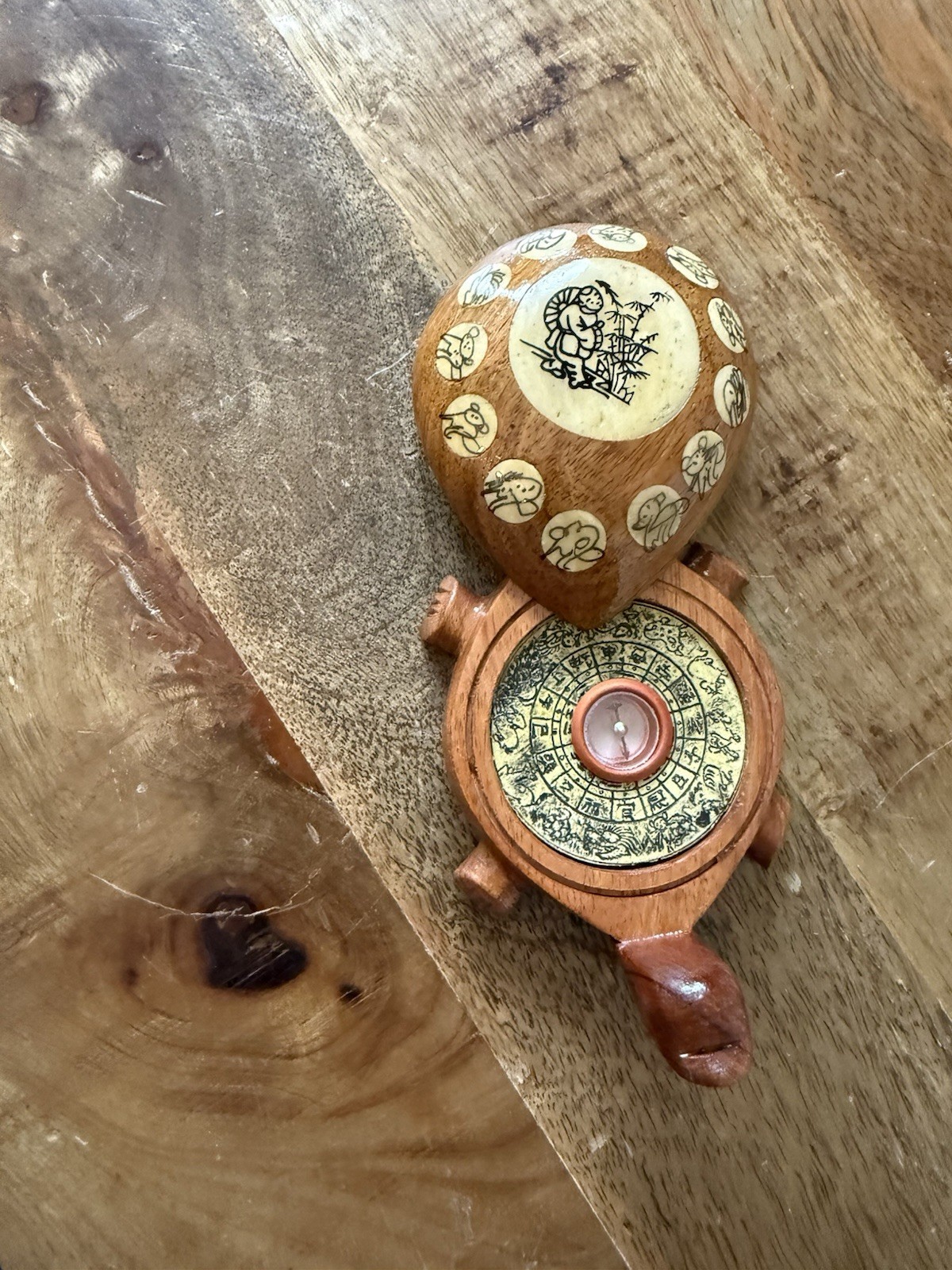 Vtg Asian Carved Wooden Turtle, Opens with Compass and Zodiac Signs