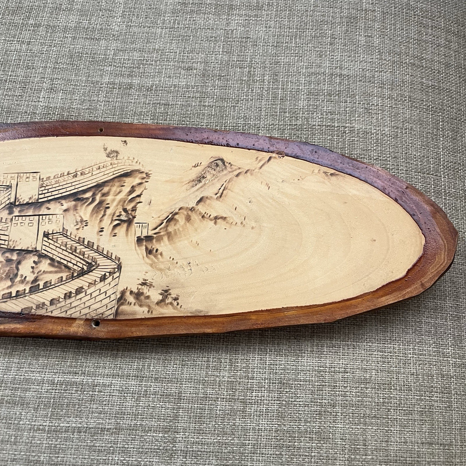 Vintage China Great Wall Pyrography Wood Burning Wall Art Plaque Stamped 14.5″